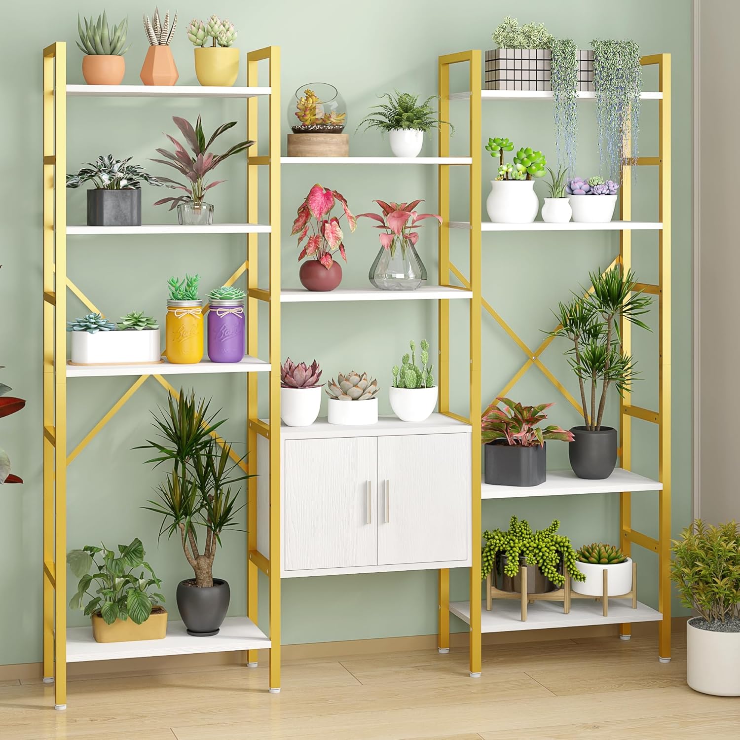 Yusong Bookshelf Triple Wide 5 Tier Bookcases with Storage Cabinet, Industrial Large Modern Tall Bookshelves with 12 Open Display Shelves for Living Room Office Bedroom, White and Gold - Image 9