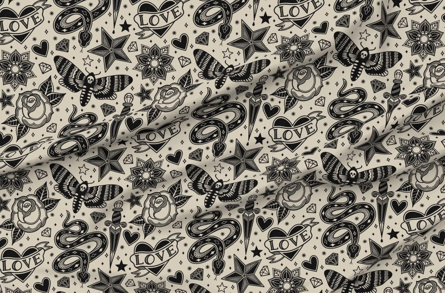 Spoonflower Fabric - Tattoo Black Beige Flower Vintage Star Diamond Rose Heart Printed on Organic Cotton Sateen Fabric by The Yard - Sewing Quilting Apparel Home Decor