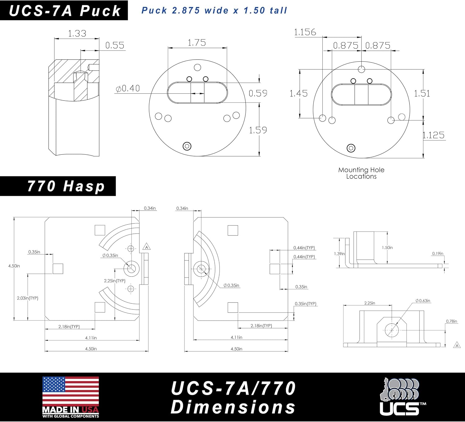 PACLOCK's UCS-7A/770 Hasp and Puck Combo Kit, High Performance 6-Pin Cylinder, Keyed Differently, Black Anod. Alum. Puck, Double Coated Grey Hasp