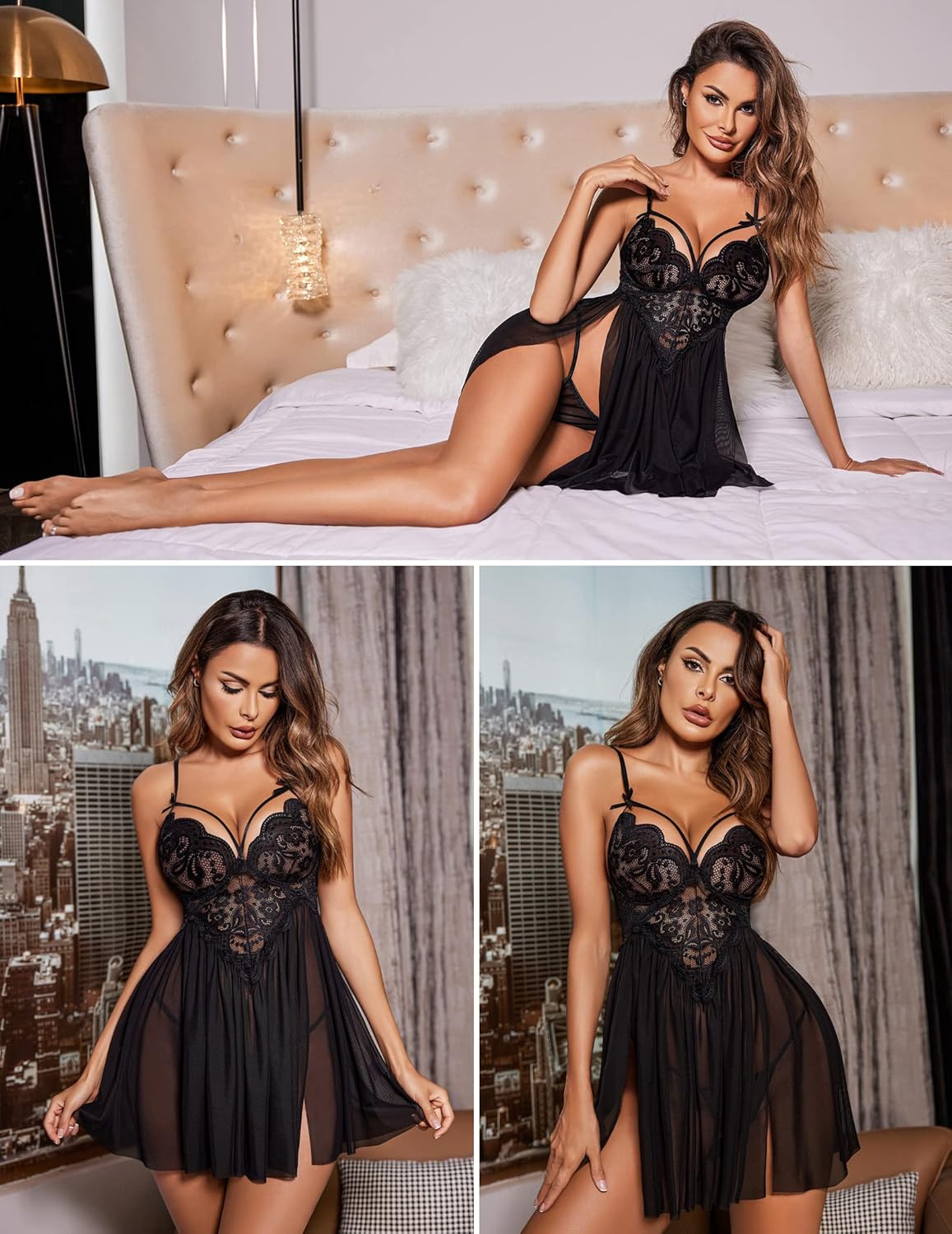 Avidlove Sexy Lingerie for Women Lace Babydoll Strap Chemise Nightgown V Neck Sleepwear Mesh Side Slit Nighty - Image 3