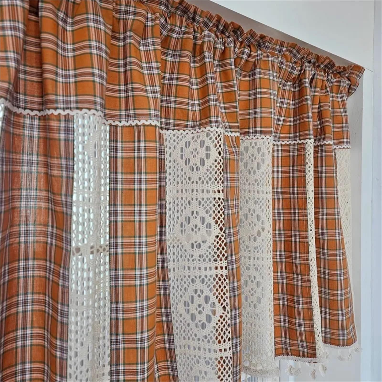 Kurzgardine Kurzer Vorhang aus kariertem Baumwollstoff mit Lochmuster for Küchenschränke, Landhausstil