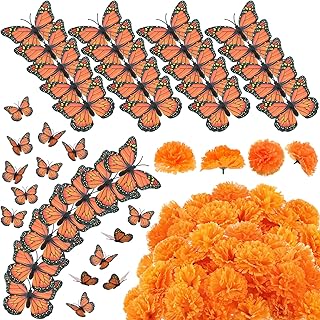 160 Pcs Artificial Marigold Flowers Monarch Butterfly Decoration Kit Dia De Los Muertos Decor Day of The Dead Decorations 60 Butterflies and 100 Marigold Flower for Halloween Fall Diwali Mexican