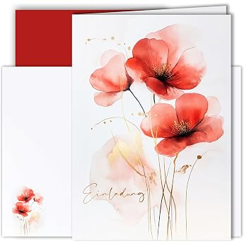 10x Invitation Cards Folding Cards Set Poppies Elegant Red A6 with Envelopes Invitation Birthday Wedding Celebration