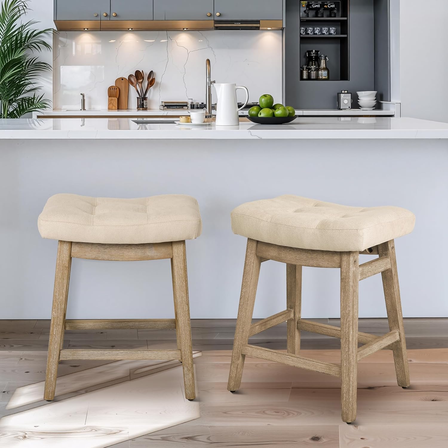 Bar Stools Set of 2 for Kitchen Counter Island Counter Height Farmhouse Modern Barstools with Upholstered Fabric Backless Seat and Solid Wood Legs 24 inch Bar Chairs, Khaki + Wood Color
