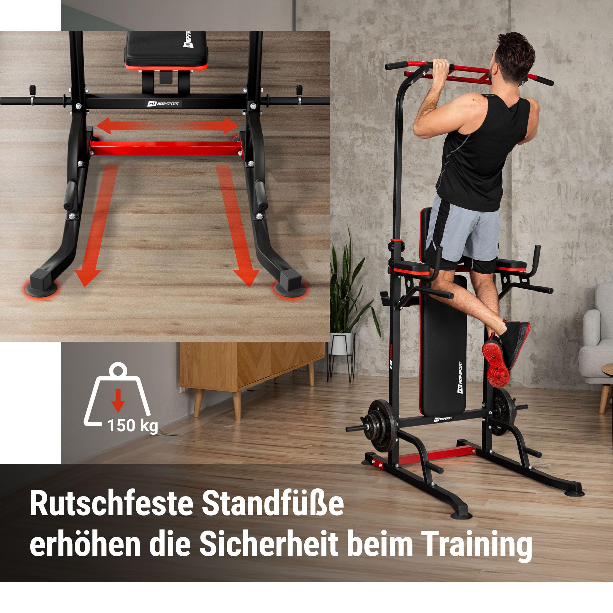 Hop-Sport Power Tower mit Klimmzugstange, Hantelbank & Dip-Station, Fitnessgerät für Zuhause, Calisthenics und Krafttraining, Freistehend, 150 kg Max. Belastbarkeit