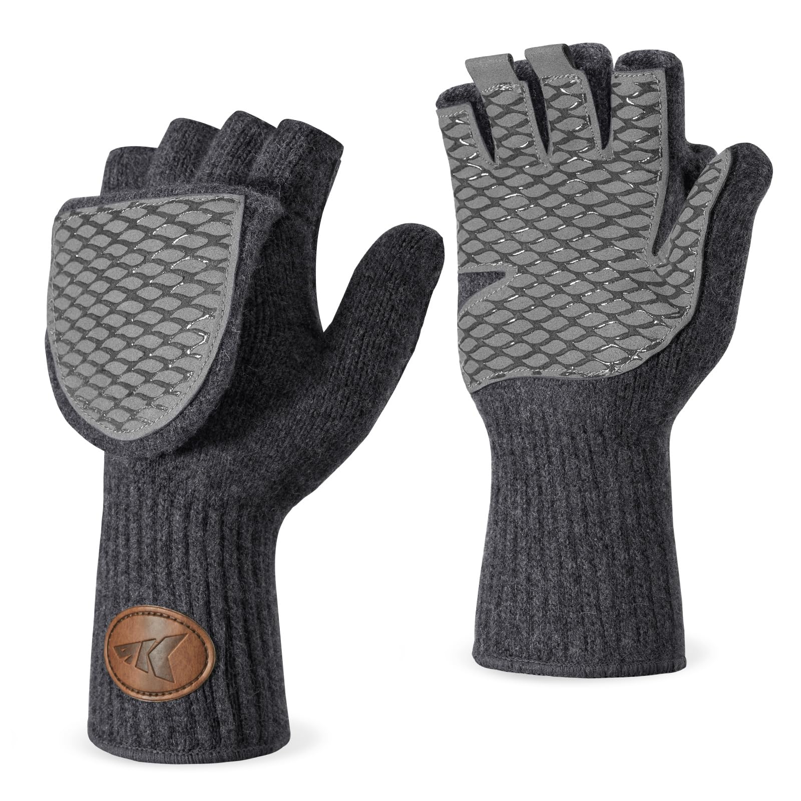 KastKing Bully Wooly Convertible Mittens – Premium Wool Fingerless Fishing Gloves with Magnetic Flip-Top, Fleece Lining, Non-Slip Grip, Extra-Long Cuff, 4-Way Stretch, Cold Weather Winter Gear