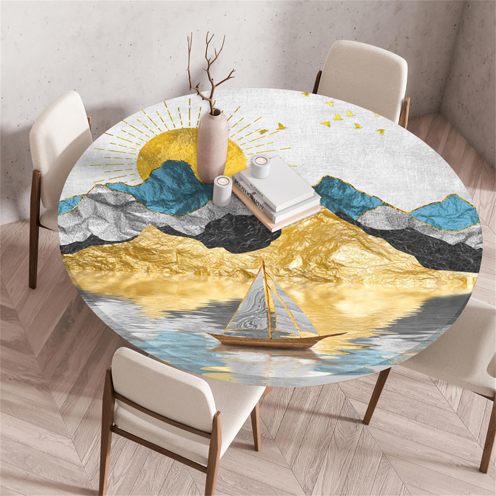 Muiuou Outdoor Elastic Fitted Round Tablecloth, Printing Reusable Waterproof Oil-Proof Wipeable Round Table Cover Cloth, Fitted Kitchen Restaurant Home Decoration
