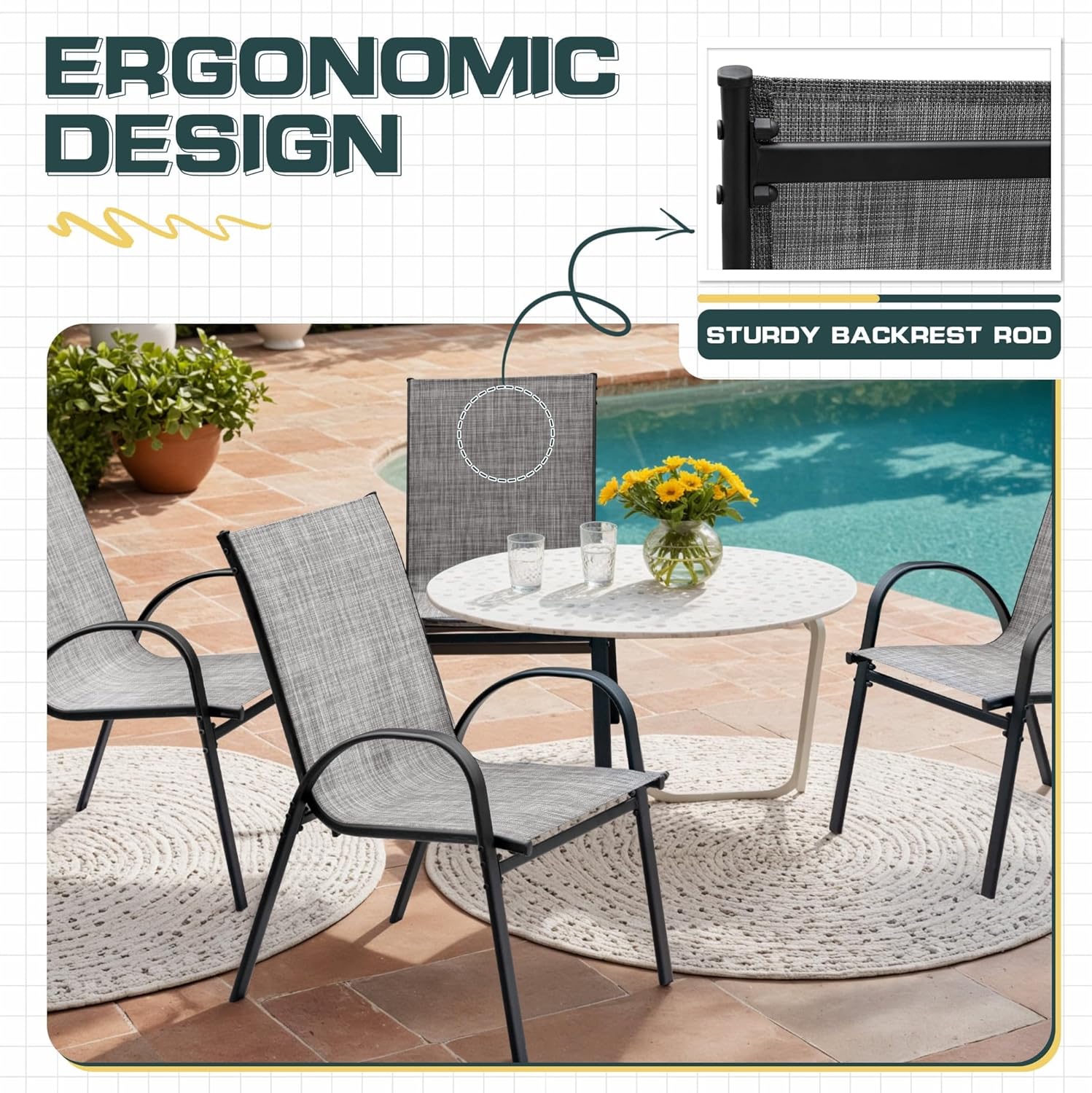 Devoko 4-Pack Stackable Patio Chairs Heavy-Duty Rust-Resistant Outdoor Dining Chairs with Ultra-Comfort Textilene Fabric for Deck, Porch, Garden & Balcony (Grey)