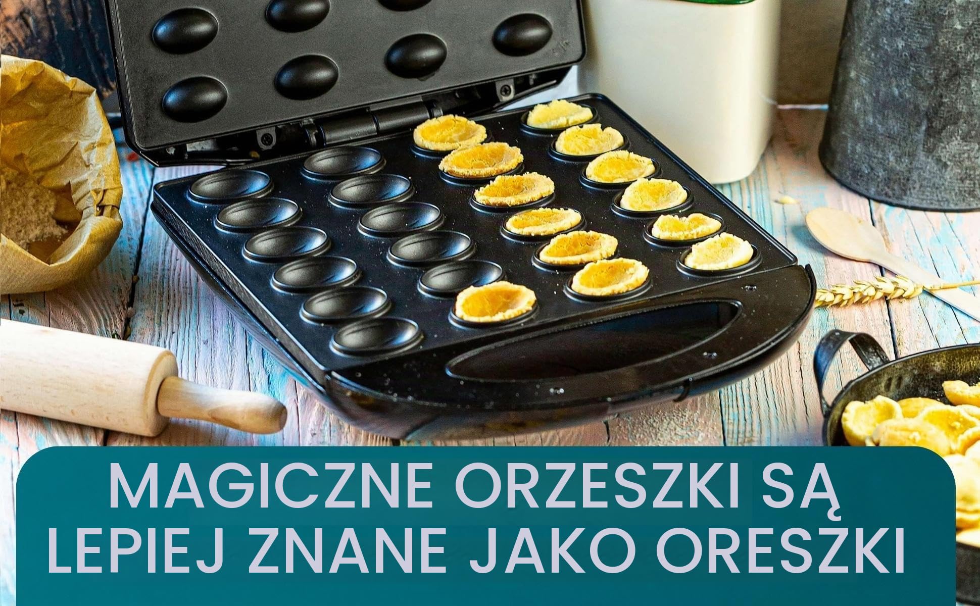 Forma na gofry w kształcie orzecha włoskiego, uchwyty Cool Touch, 1400 W, powłoka nieprzywierająca, gofrownica, magiczne orzechy, Oreschki (kremowa biel)