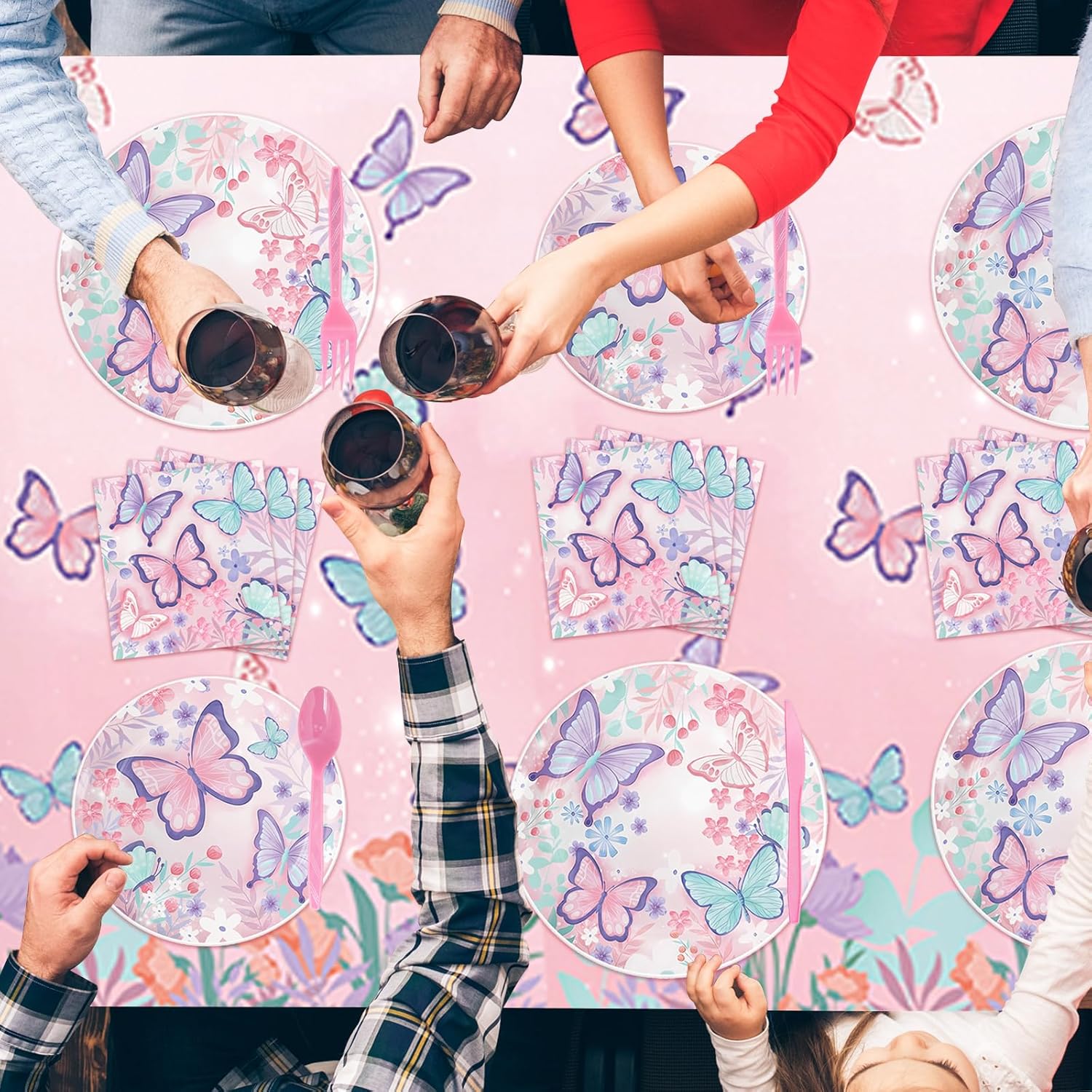 Butterfly Birthday Party Decorations Butterfly Birthday Party Supplies Disposable Paper Plates Napkins Cups Cutlery Tablecloth and Banner for Butterfly Girl Party Birthday Decorations,Serves 24 (Pink)