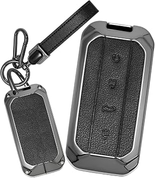 Car Key Cover Case Compatible with Jaecoo J5 2025 2026 Solid Metal Key Holder Leather Protective Key Fob Case,Black-A