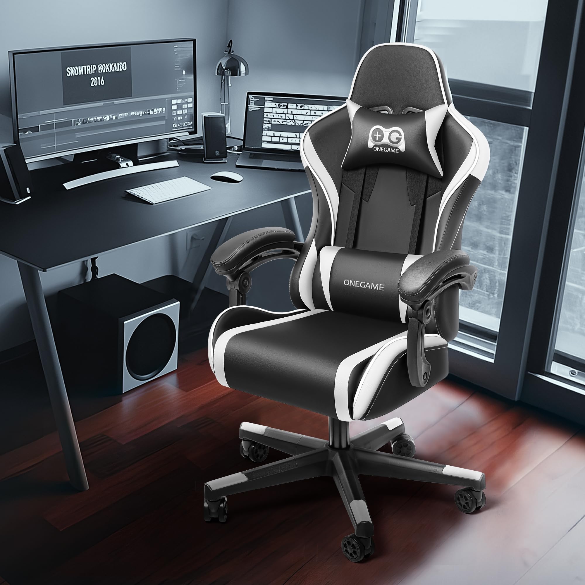 OneGame Gaming Sthul, Ergonomischer Computer Gamer Chair Bürostuhl höhenverstellbar Drehstuhl mit Verstellbare hohe Rückenlehne Lendenkissen 150KG, Grau