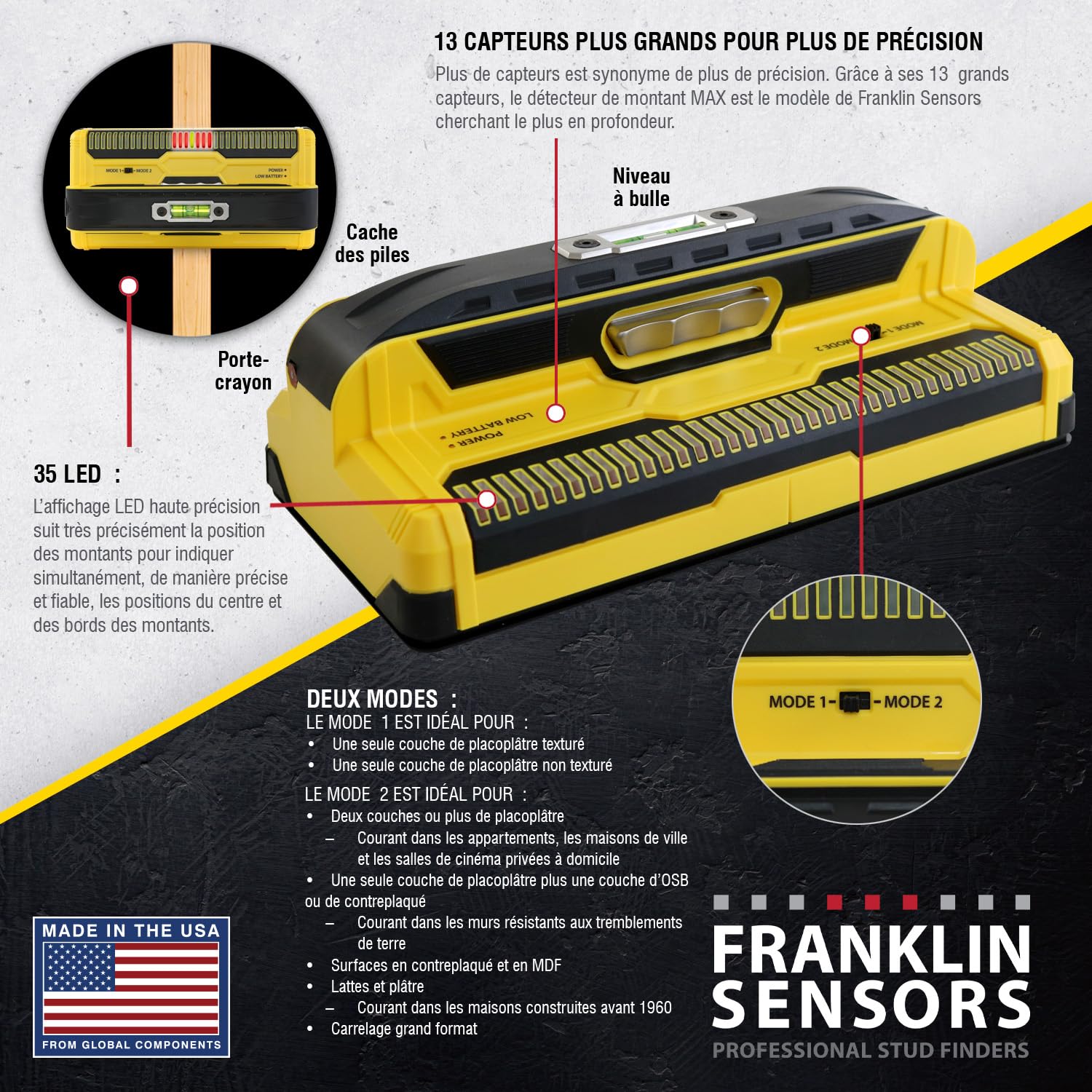 Franklin Sensors ProSensor MAX Détecteur de montants avec 13 capteurs, détecteur de montants en bois et métal