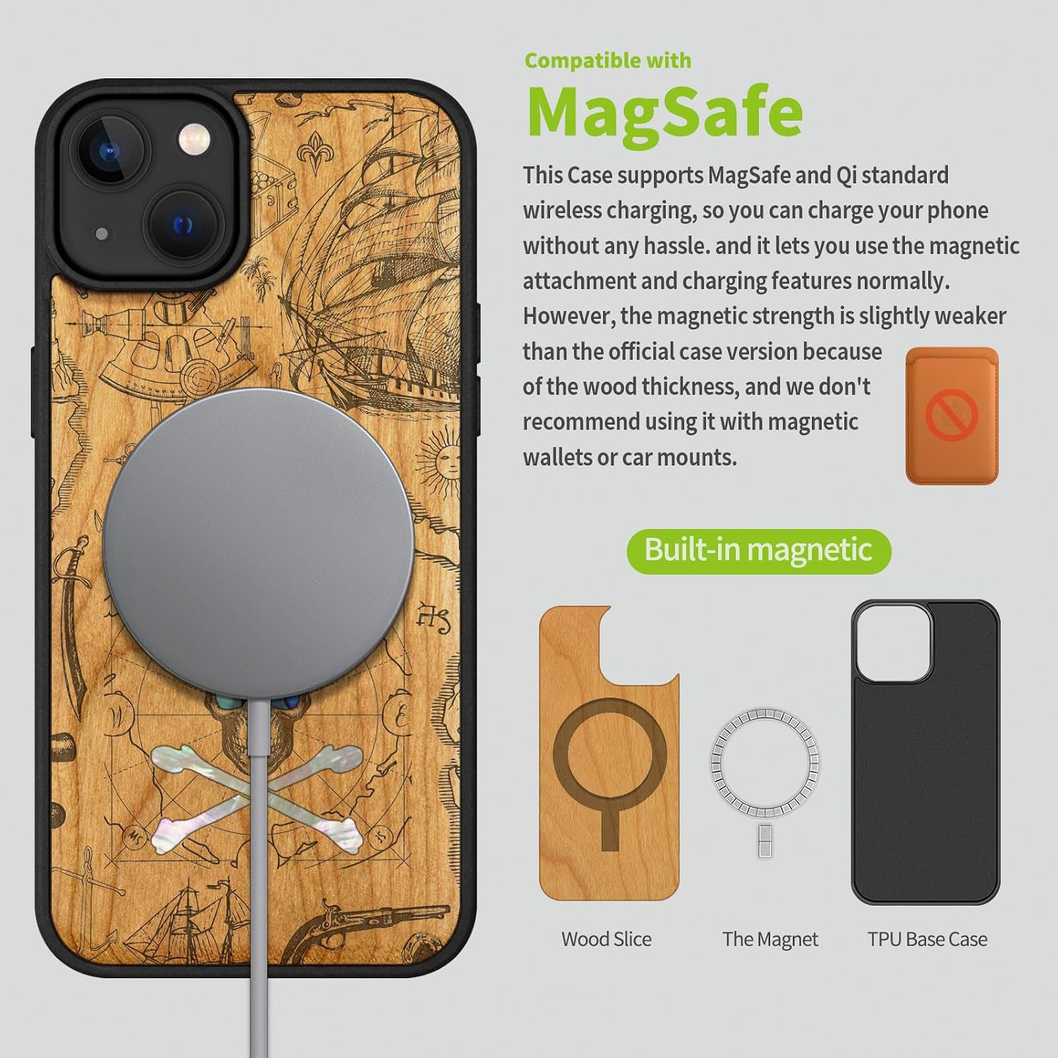 Carveit Wooden Case for iPhone 15 Plus Magnetic Case, Compatible with MagSafe Wireless Chargers, Shockproof Cover, Handmade Shell Inlaid & Wood Artisan Engraved (Pirate Skull) Cherry