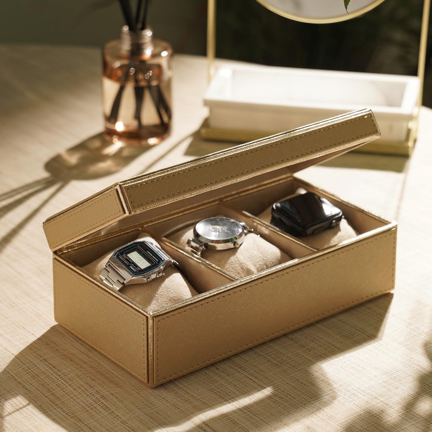 Pure Home + Living Gold 3 Compartment Faux Leather Watch Box, Holder with Glass Lid, Removable Velvet Cushion, 3 Slots, Watch Display, Gold (B0CKKYNZRQ) Amazon Price History, Amazon Price Tracker