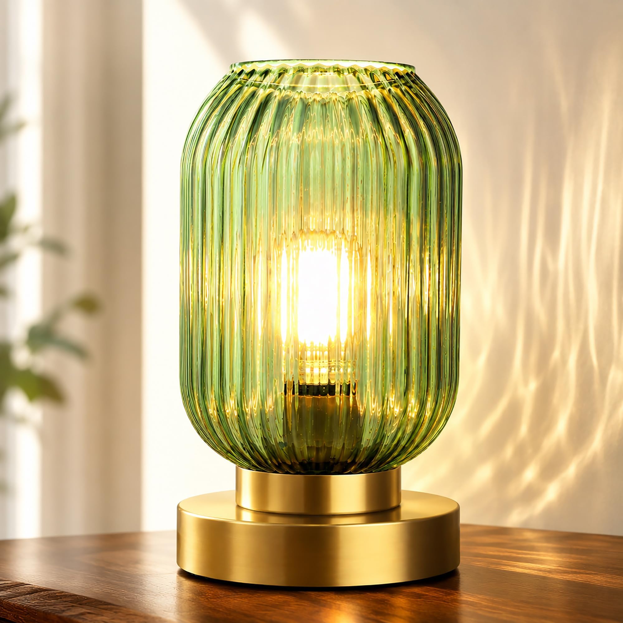 Mid Century Modern Table Lamp, Touch Control & 3 Way Dimmable, Green Ribbed Glass Shade, Small Gold, Vintage Bedside Lamp for Bedroom, Living Room,Office (Bulb Included)
