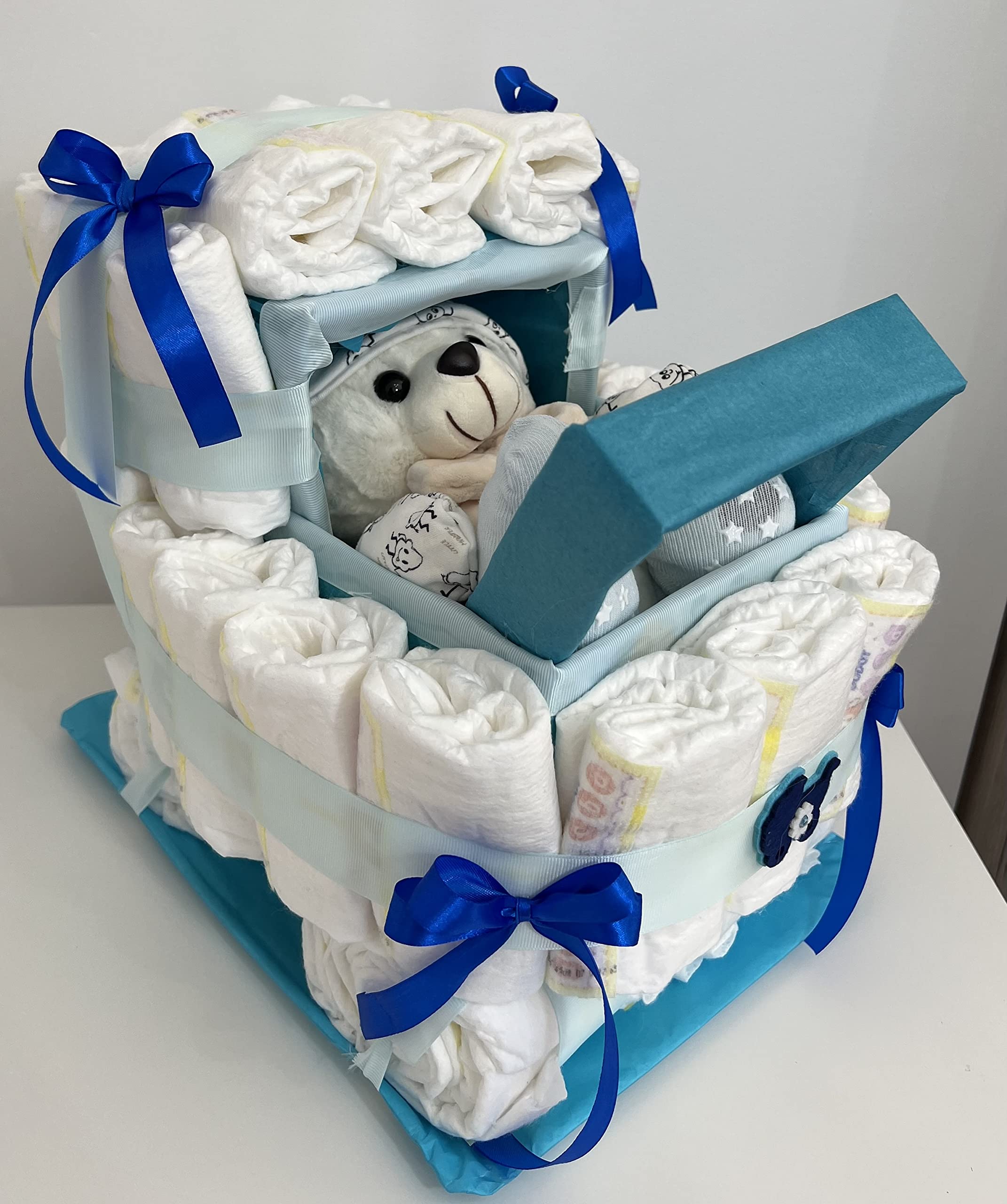 Tarta de Pañales Cochecito/Carrito,(48 und) con Osito. Regalo Original para recién nacidos (Rosa)