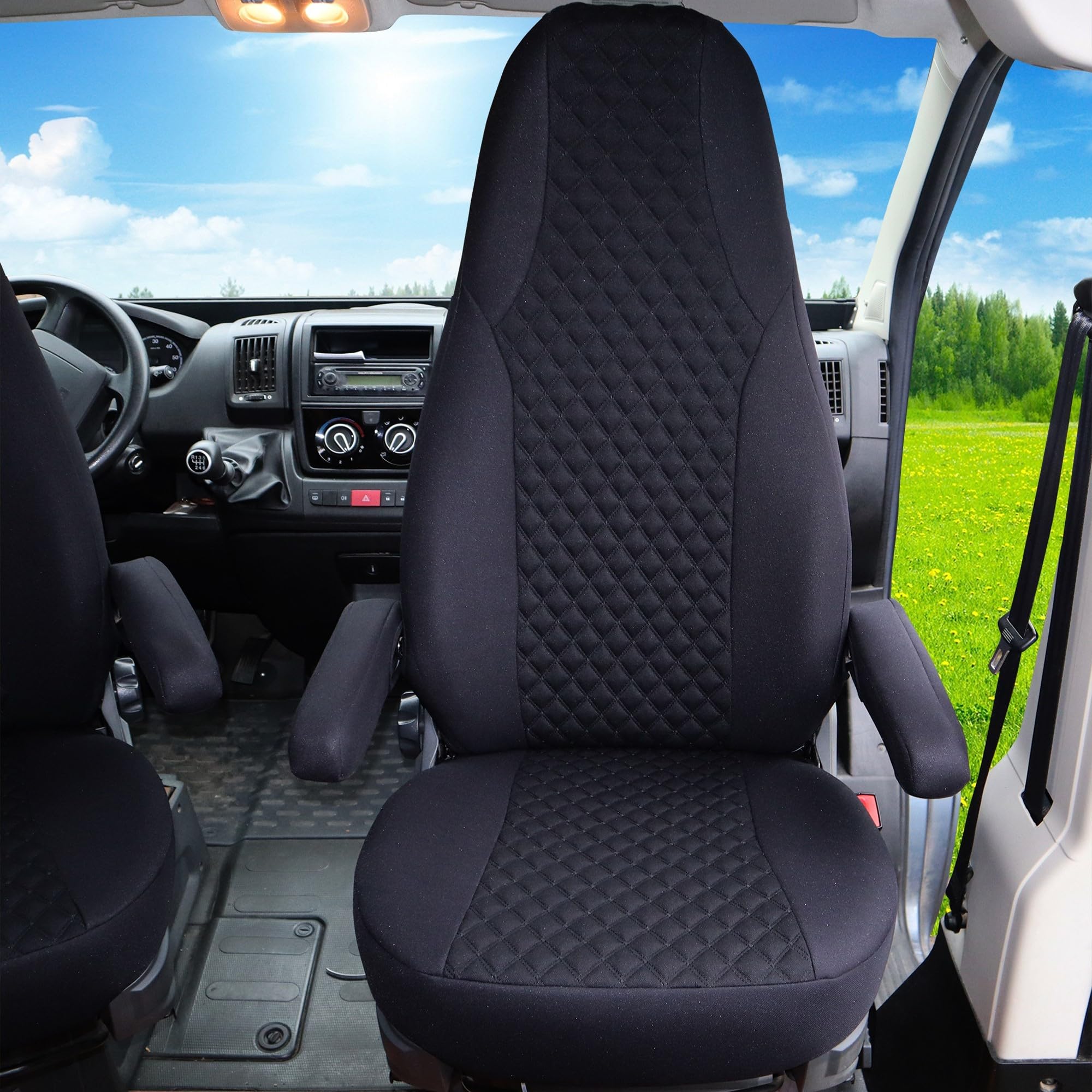 BREMER SITZBEZÜGE Maß Piloten Schonbezüge Sitzbezüge kompatibel mit Wohnmobil Camper Hymer Ducato Wohnmobil Zubehör | 2er Schonbezug Set inkl. Armlehnen-Bezüge in Schwarz | WMS704
