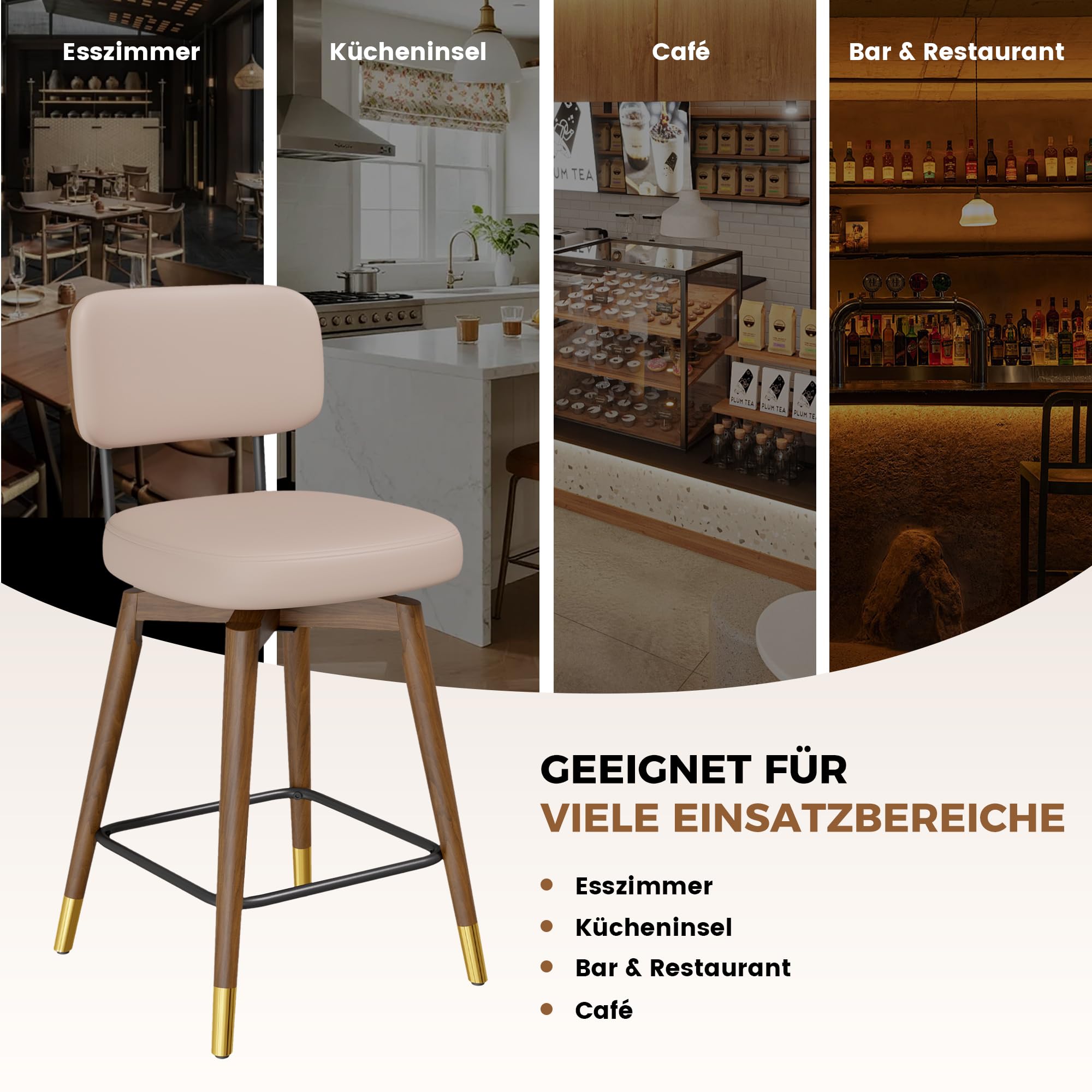 Fijinhom Barhocker 2er Set, 360° Drehbar, Gepolsterte Barhocker mit Lehne aus Kunstleder, Walnuss Rückenlehne & Bugholz Beine, Mid Century Modern Barstuhl für Küche, Insel & Theke, Khaki
