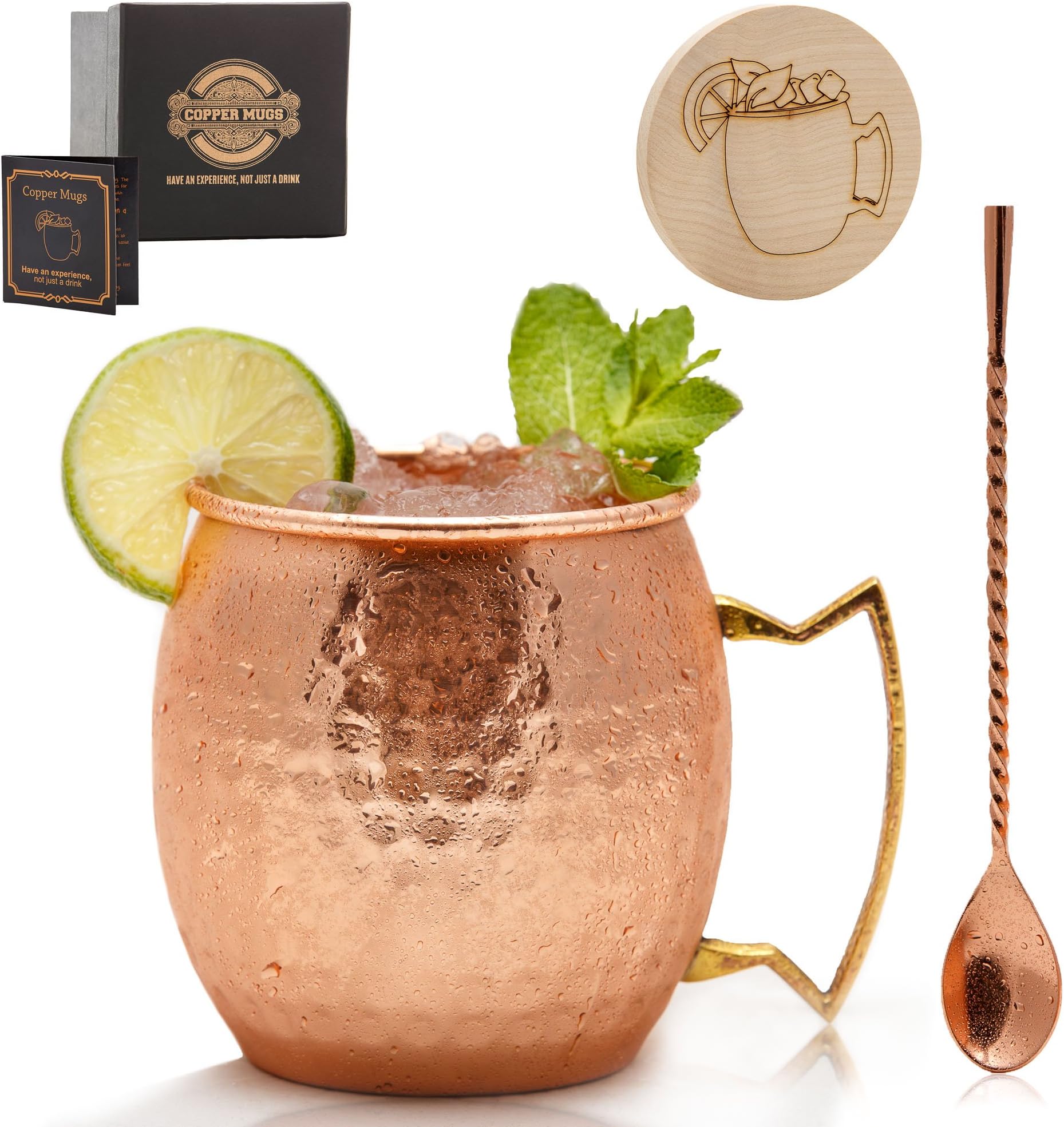 Copper Mugs Gift Set of 1 Solid Hammered Moscow Mule Mug with 100% Pure Copper Cups Kit + 1 Wooden Coaster & Twisted Bar Spoon & Delicious Recipes Book