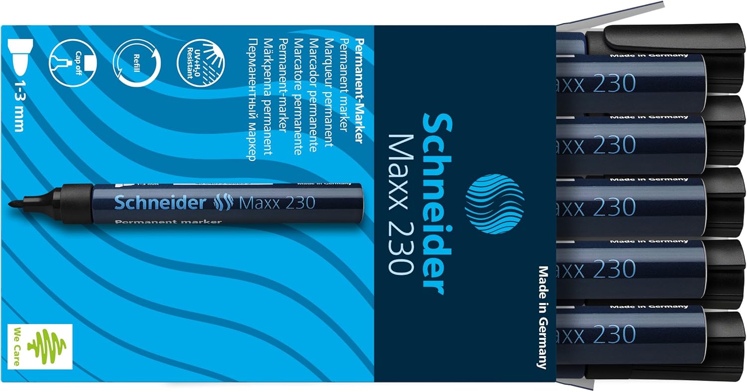 Schneider 230 Permanent Marker Pens 1-3 mm Refillable Aluminium Body Black Pack of 10