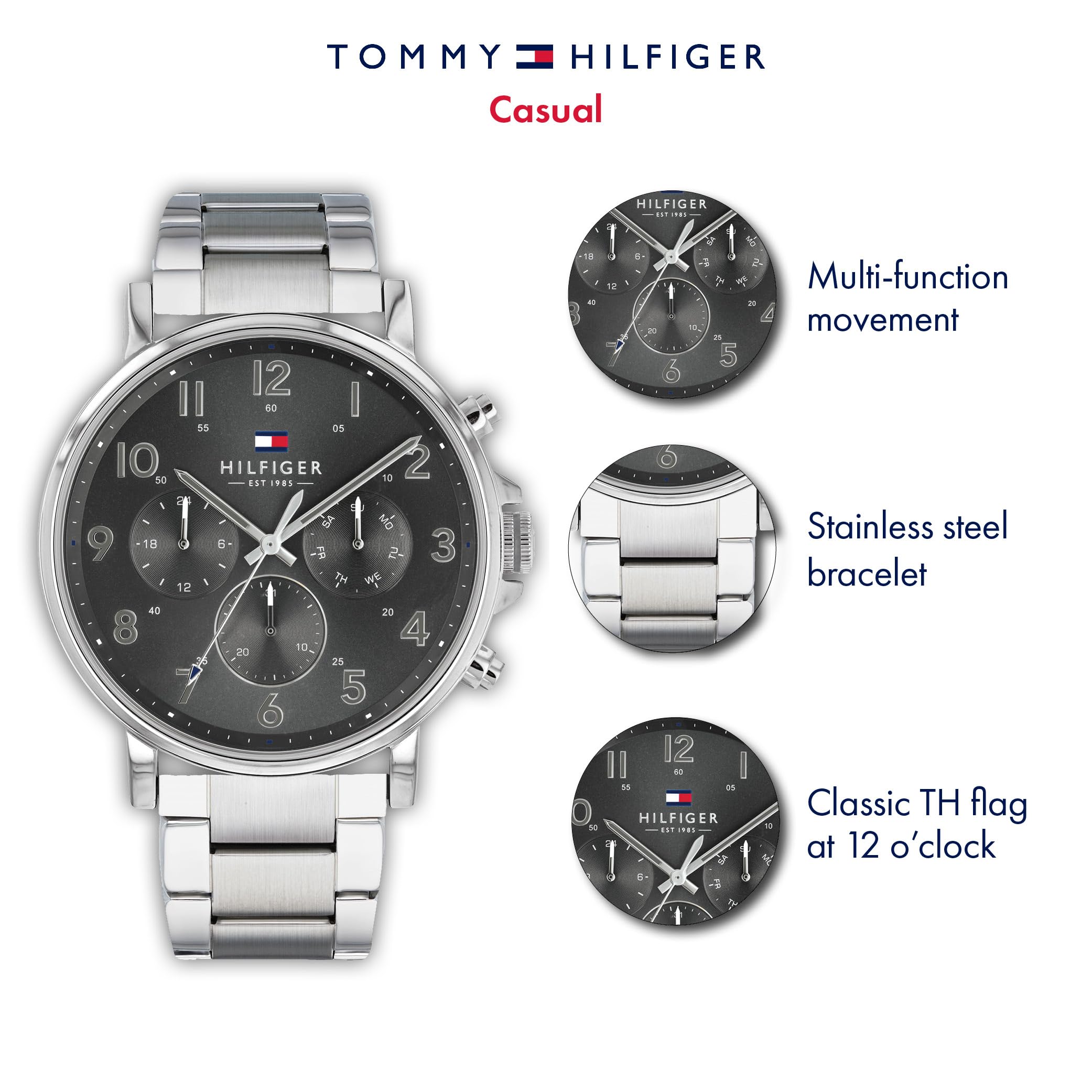 Tommy Hilfiger Multi Zifferblatt Quarz Uhr für Herren mit Edelstahlarmband oder Lederarmband