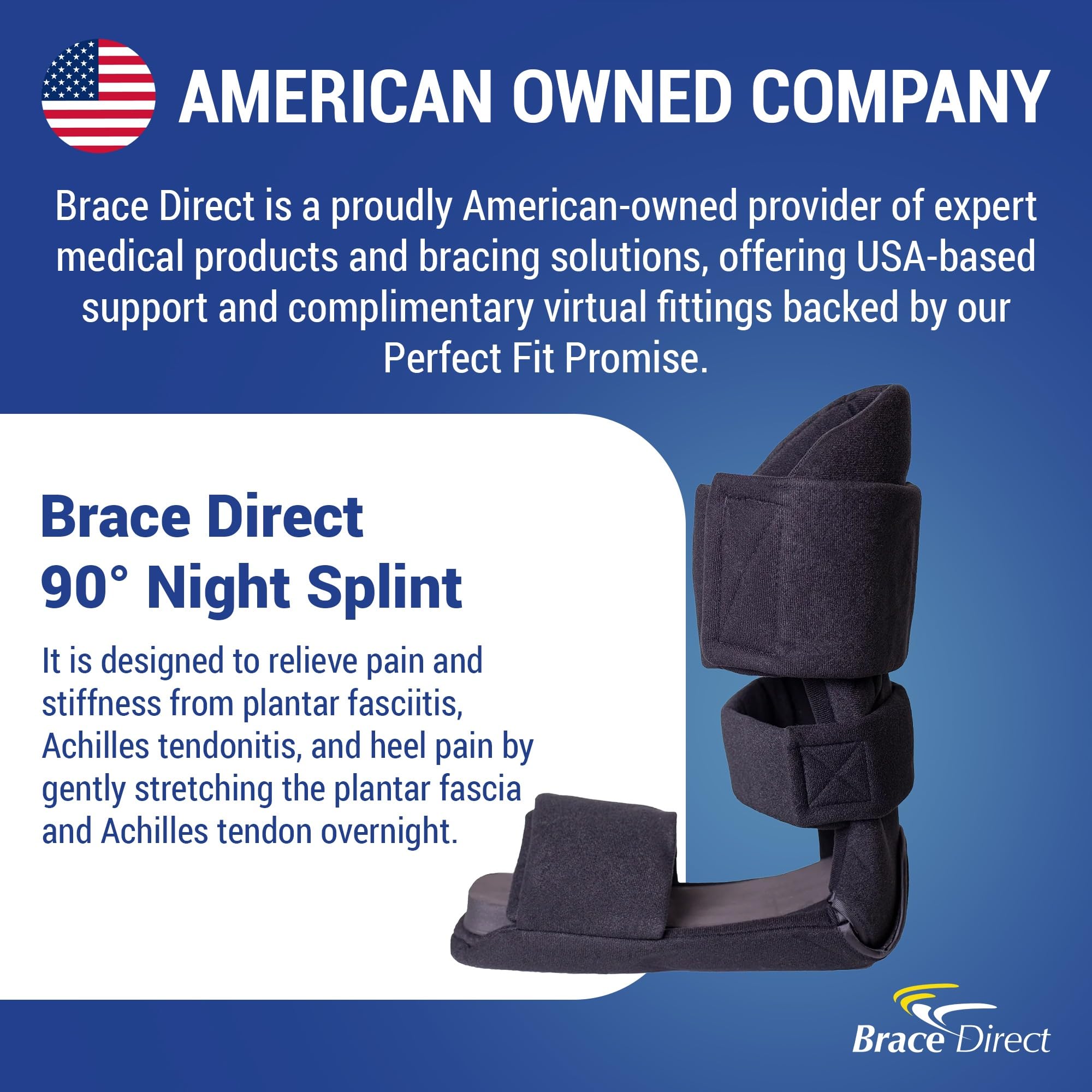 Brace Direct Férula nocturna acolchada cómoda de 90 grados, soporte de estiramiento para fascitis plantar, pie caído, tendinitis de Aquiles y dolor en el talón, mediano (EE. UU. zapatos de hombre 7.5