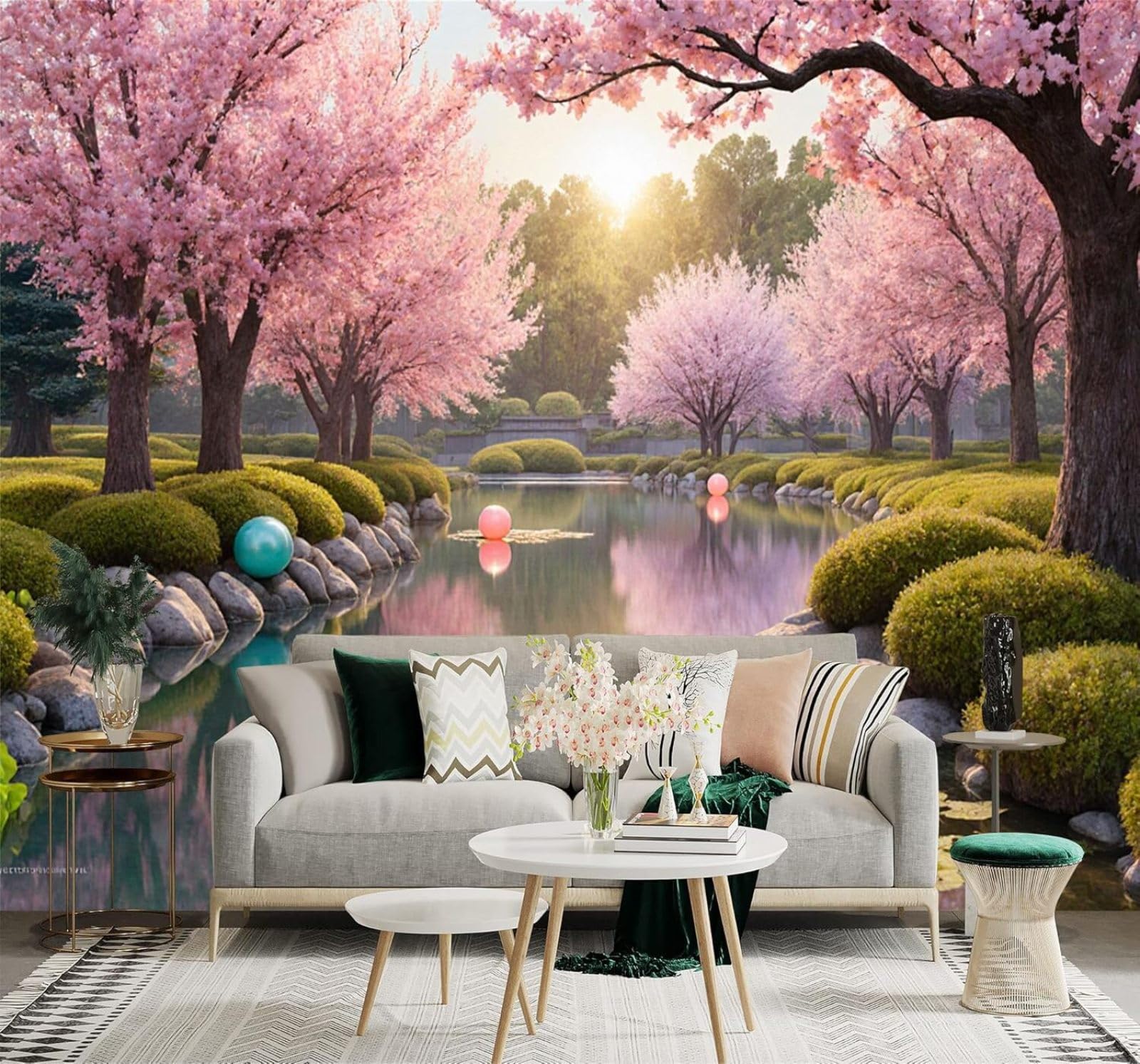 Xlming 300Cm×210Cm(B×H) Cherry Blossom Tree Reflection On The Lake Sunrise Garden Landscape 3D Wallpaper Premium Textured Silk Study Dining Living Room Bedroom Sofa Tv Wall Easy Install-300Cm×210Cm