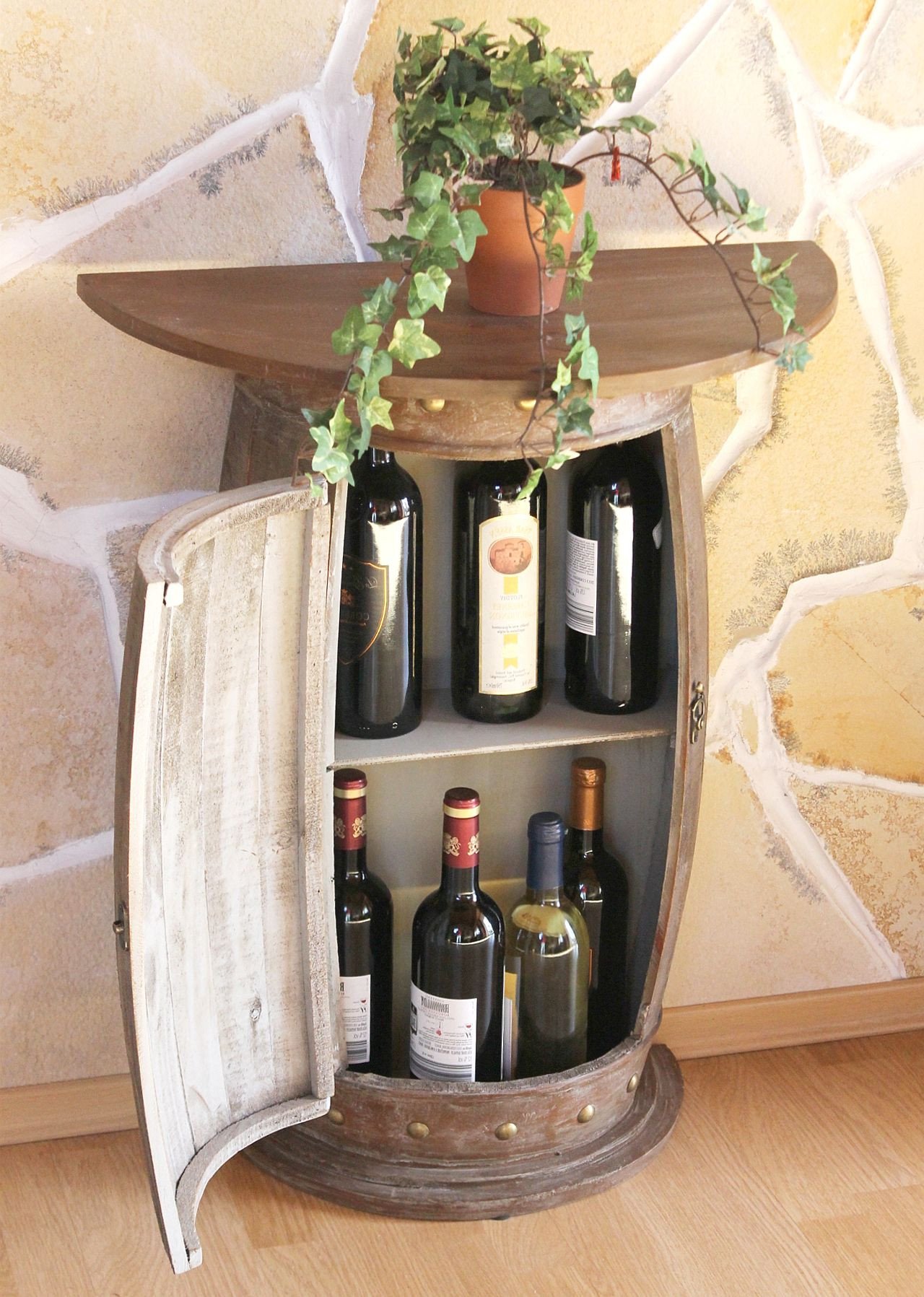 DanDiBo Wandtisch halbrund Tisch Weinregal Weinfass 0373-R Braun Schrank Fass aus Holz 73 cm Beistelltisch Konsole Wandkonsole Bar