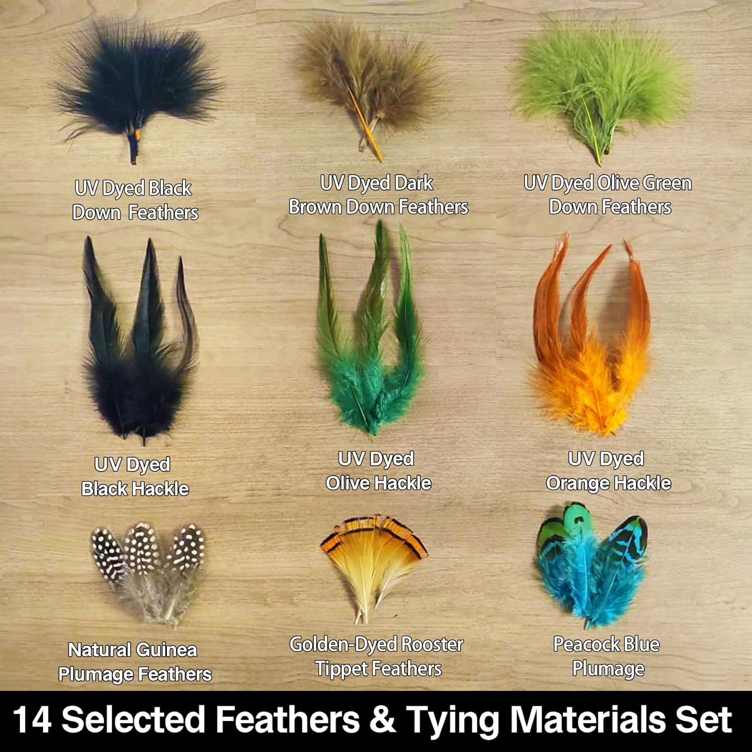 EUPHENG Fly Tying Materials Kit 14 Types of Feathers, Dubbing & Hooks, UV Dyed Hackle Feathers Starter kit for Tying Fly Fishing Flies, Perfect for Tails & Wings, Easy to Tie Fly Tying Kit