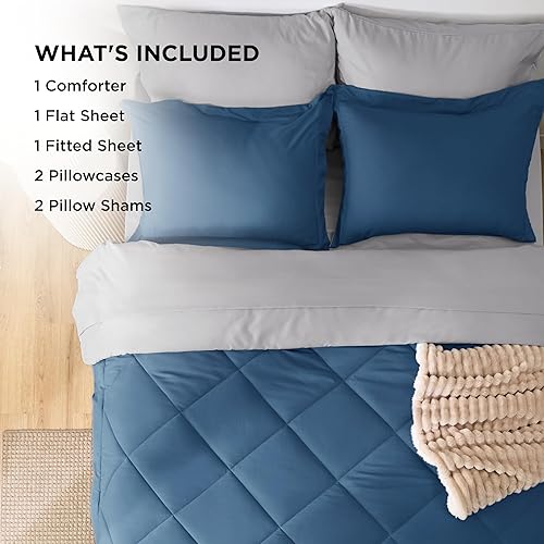 Miniatura 6 de Bedsure Juego de edredón, queen, reversible, de 7 piezas, en una bolsa, con edredón, sábanas, fundas de almohada y fundas, azul