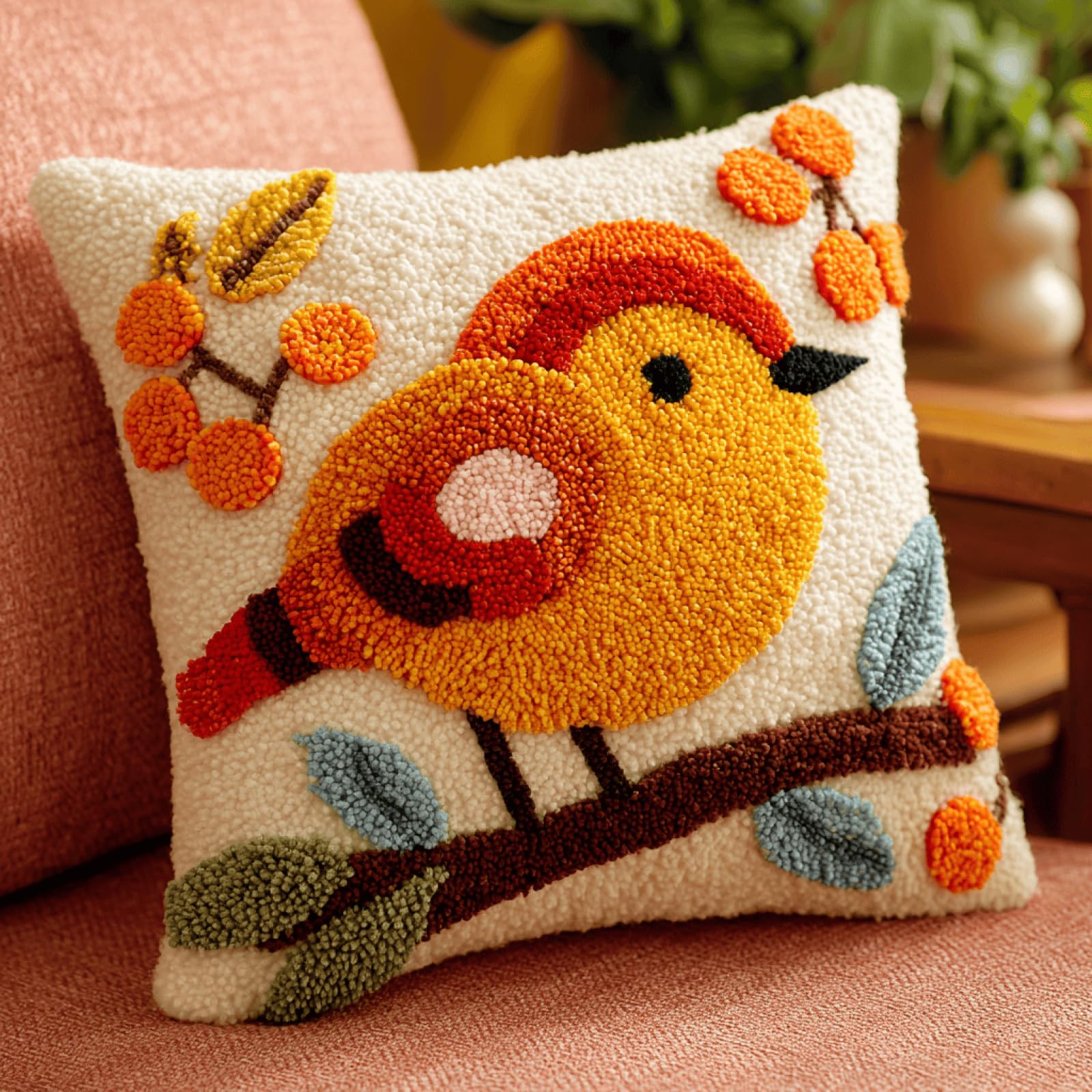 Taxpy Handmade Bird On Tree Cushion Craft Kit for Beginners,17x17in Latch Hook Pillow Cover Set with Yarn and Hook,Gift for Adults,Teens and Craft Lovers