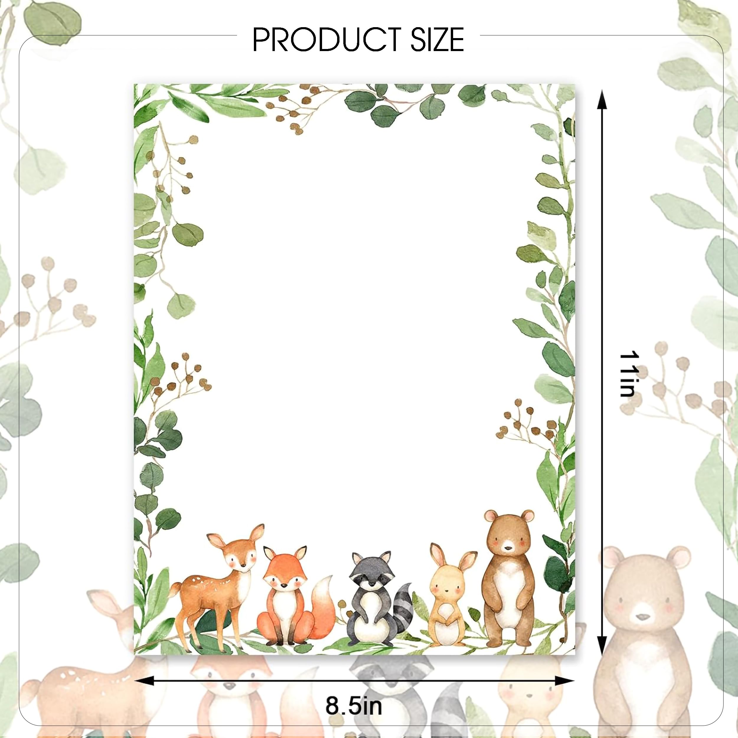 Papelería para baby shower de animales del bosque del bosque, 60 hojas, papel de membrete de una sola cara de 8.5 x 11 pulgadas para invitaciones, notas de agradecimiento y escritura