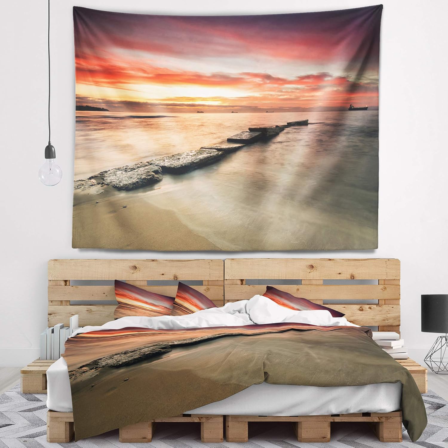 Designart ' Wonderful Sunrise on Black Ocean' Beach Photo Tapestry Blanket Décor Wall Art for Home and Office x Large: 92 in. x 78 in