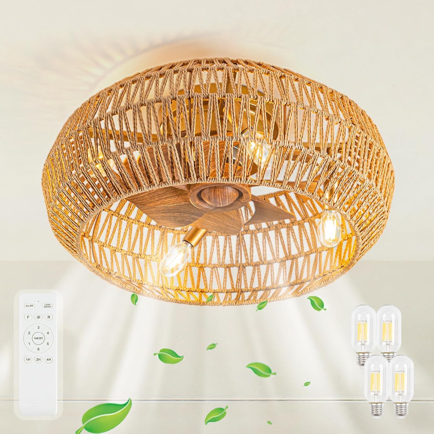 20" Boho Ceiling Fans with Lights (Bulbs Included), Low Profile Caged Ceiling Fan with Light and Remote, Rattan Flush Mount Ceiling Fan with 8 Reversible Blades for Bedroom, Living Room