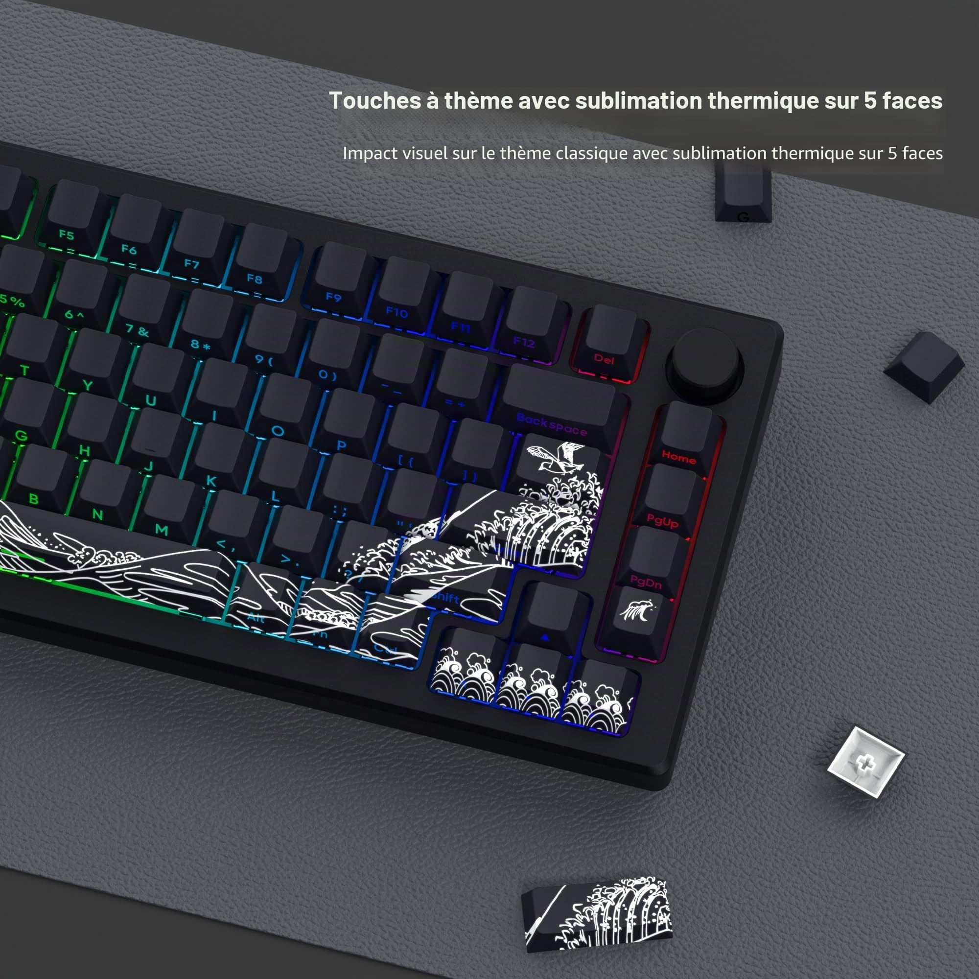 131 touches Keycaps PBT, Custom Keycap Cherry Profile Shine Through, Wave of Kanagawa Double Shot Keycaps Side Print, Dye Sub Keycap Set, Noir