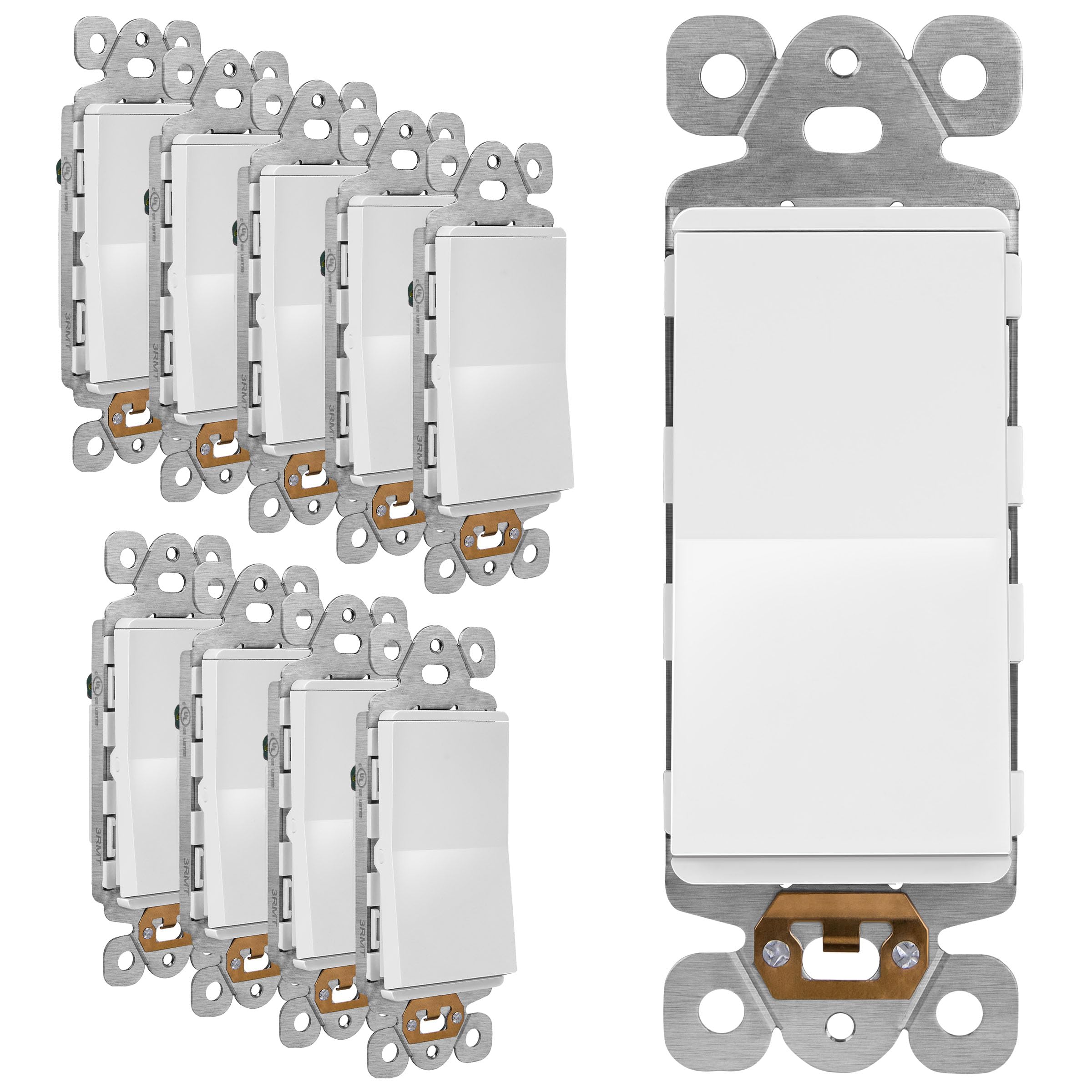 LIDER Matte White Minimalist Design Decorator Switch, Frameless Paddle Wall Light Switch, On/Off Rocker Switch, 3-Way or Single Pole, Residential Grade, UL Listed, 3 Wire, 15A 120-277VAC, 10 Pack