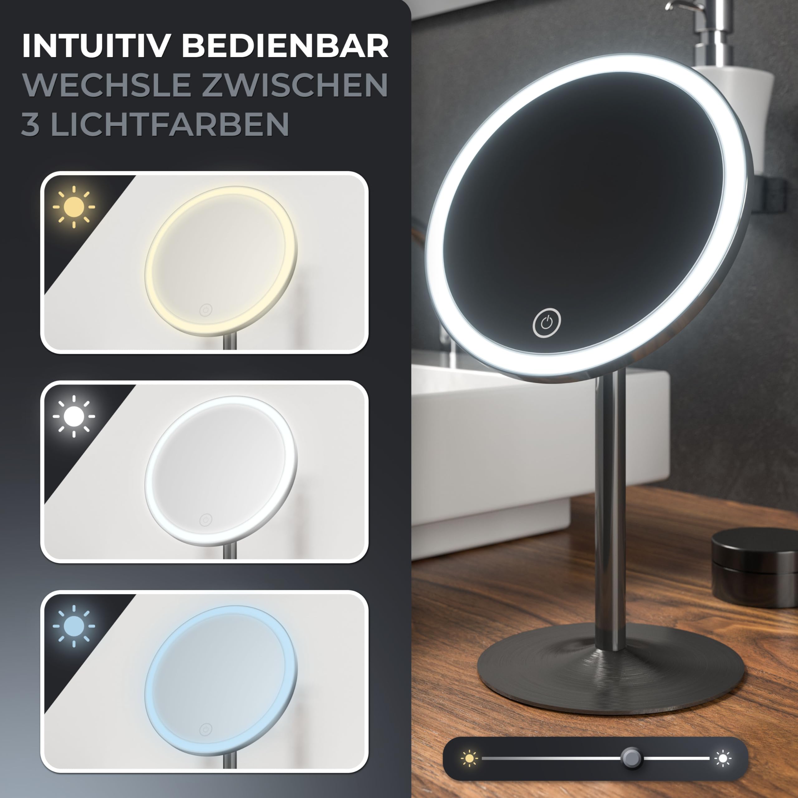 ovimar Larstind Gunmetal - Espejo de maquillaje con iluminación (recargable, independiente, para baño, 5 aumentos, espejo de 360 grados