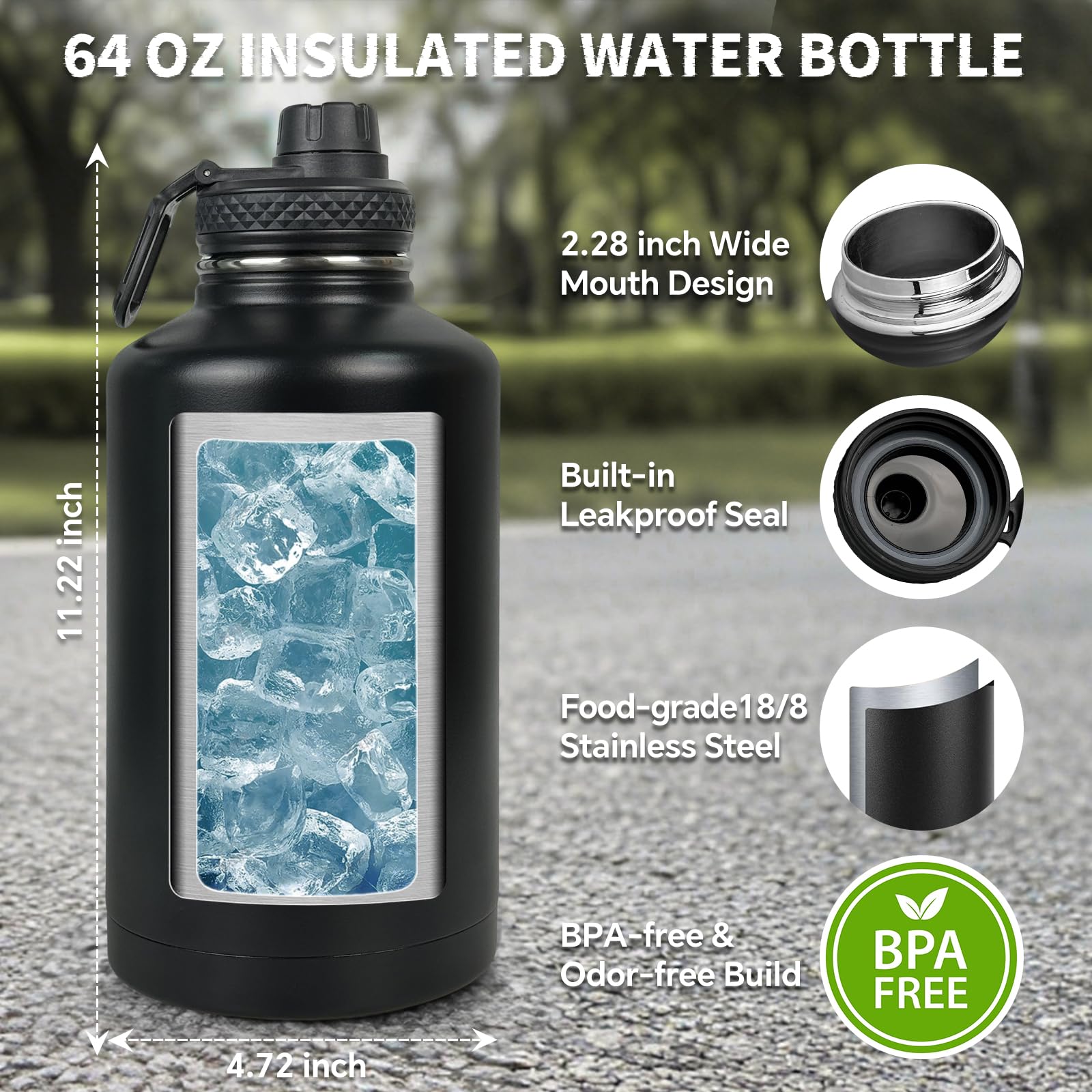 DEFUNX Isolierte Wasserflasche mit Hülle, taktischer 1,8 l Edelstahl-Wasserkrug mit MOLLE-Wasserflaschentasche, Fitness-Wasserflaschen für Herren, Wandern, Workout, Schwarz