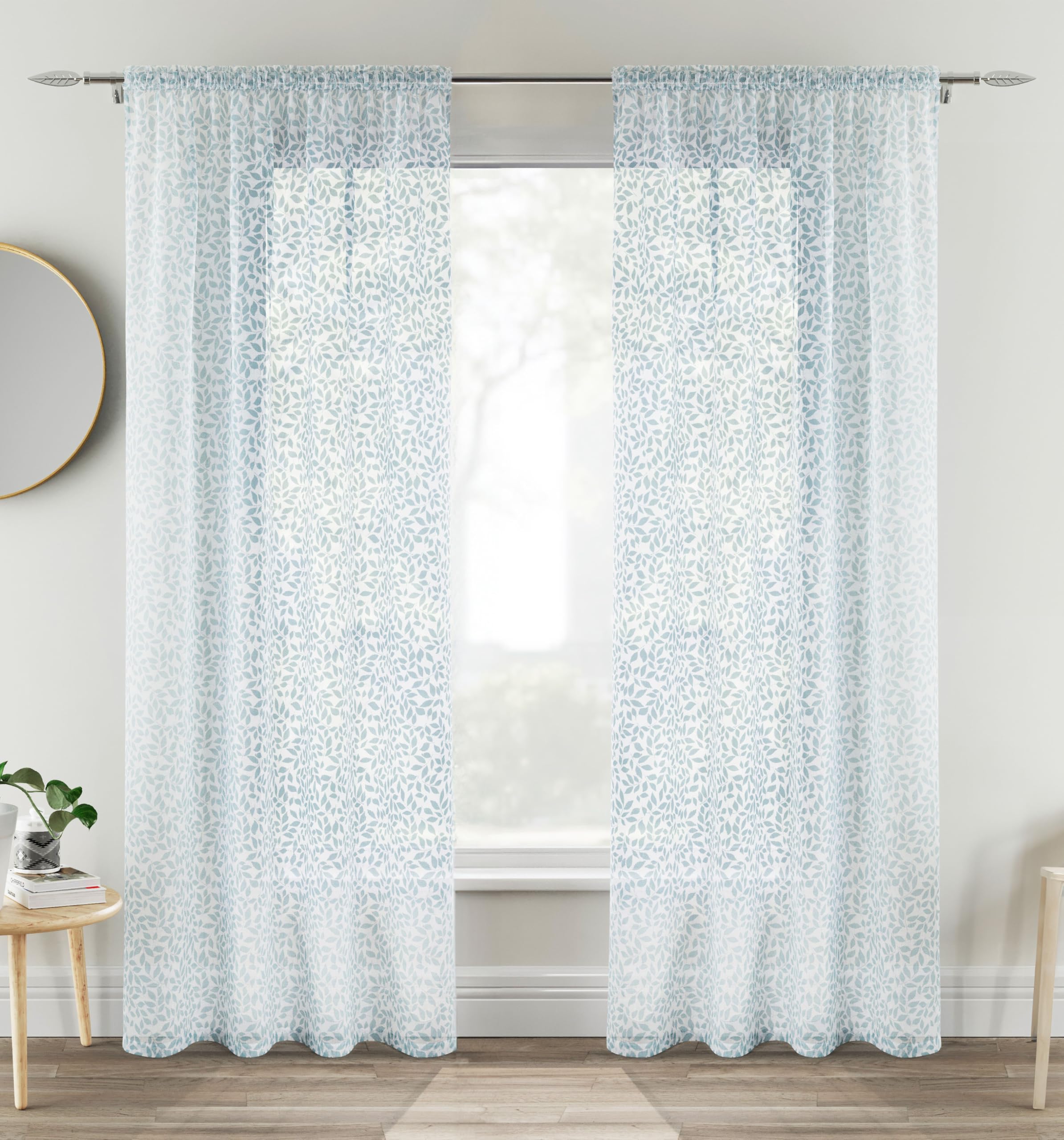 Rackhams Blue Willow Leaf Print Linen-Look Voile Panel - Pair - Duck Egg - 55" (140Cm) Width X 54" (137Cm) Drop