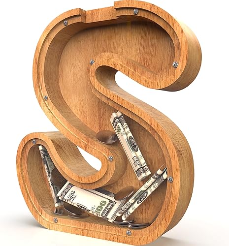 Miniatura 1 de Alcancía para niños y niñas, alcancía grande de madera personalizada con diseño recortado, bancos de monedas con letras del alfabeto, caja de ahorro