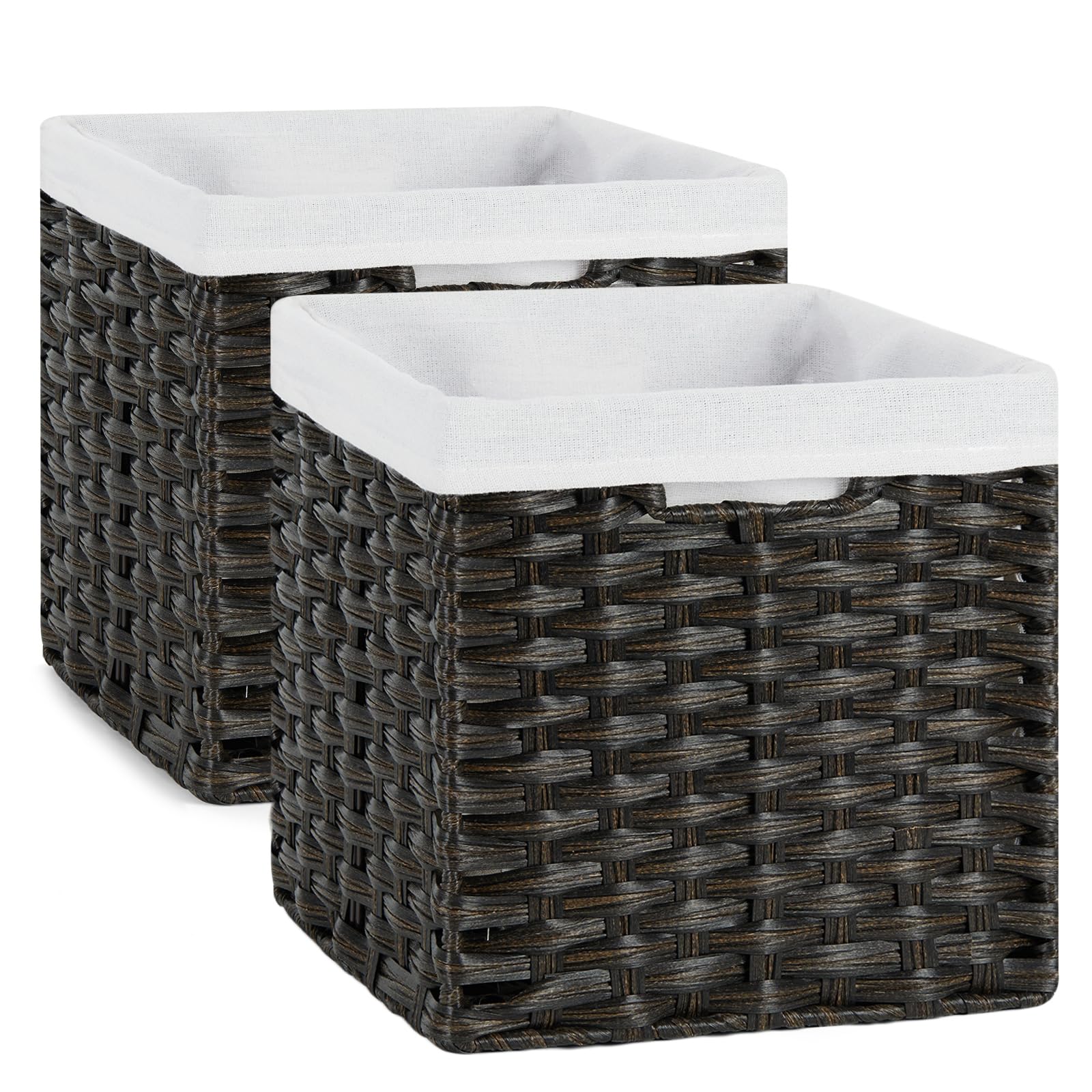 Bidtakay Wicker Cube Baskets with Liners 11 inch 2 Pack Waterproof Imitation Hand-Woven Wicker Storage Baskets for Shelves and Organizing Pantry and