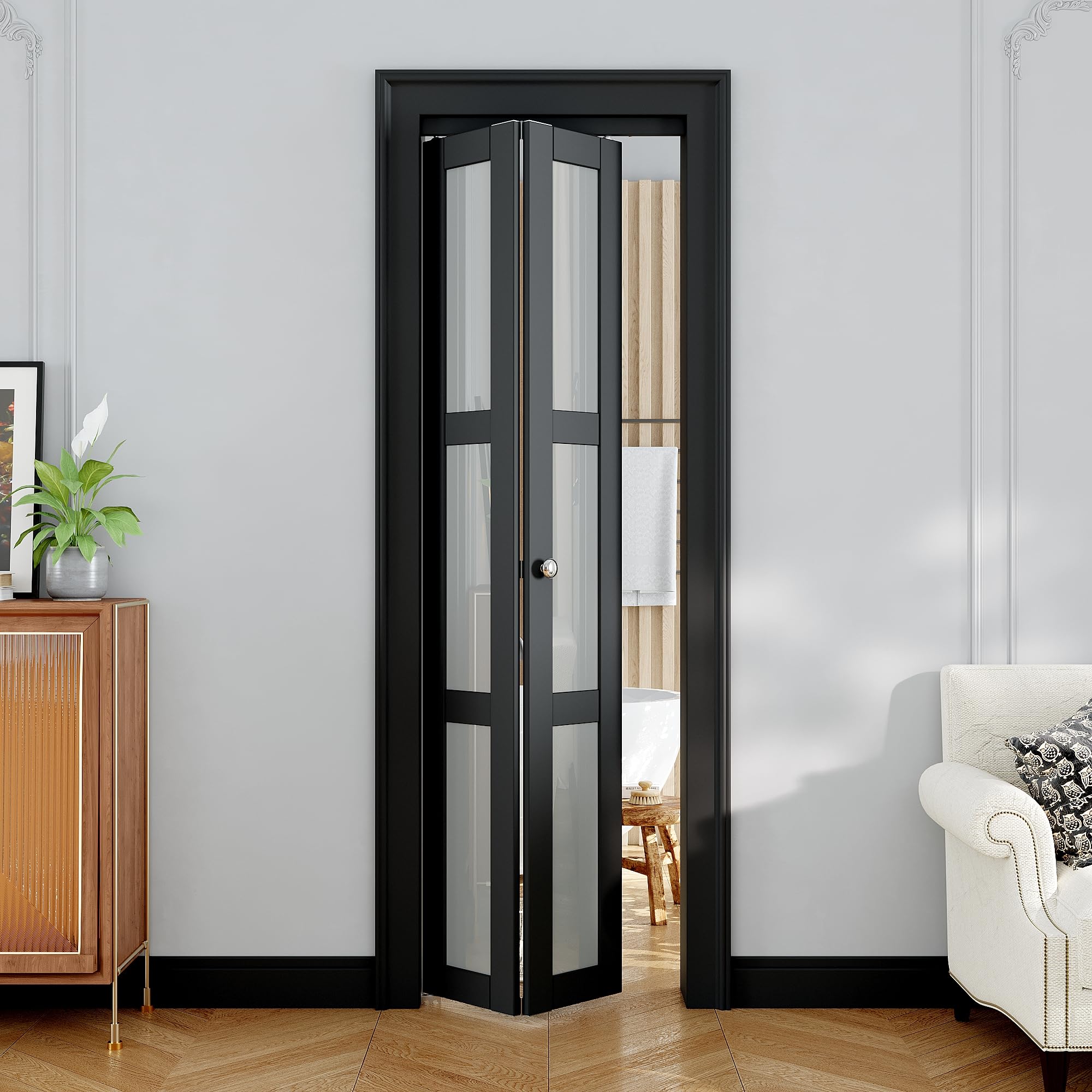 bifold doors for 28"x 80" opening, 3-lite tempered frosted glass bifold closet doors wit hardware kit, pre-assembled carb p2 mdf panel for pantry/laundry/closet with pvc surface, black