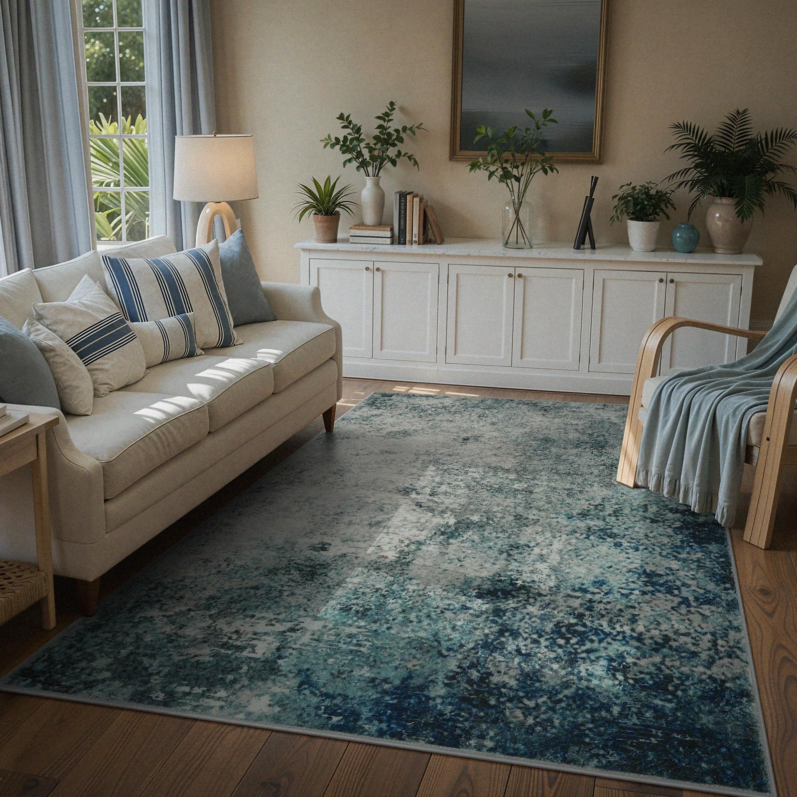 Modern Abstract 8x10 Area Rugs for Living Room, Washable Accent Rugs for Bedroom Stain Resistant Non Slip, Large Soft Indoor Carpet for Dining Room Table Home Office Decor, Blue/Grey