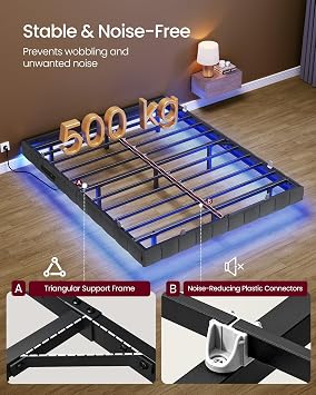 VASAGLE 135 x 190 cm Floating Bed Frame with LED Lights & Charging Station