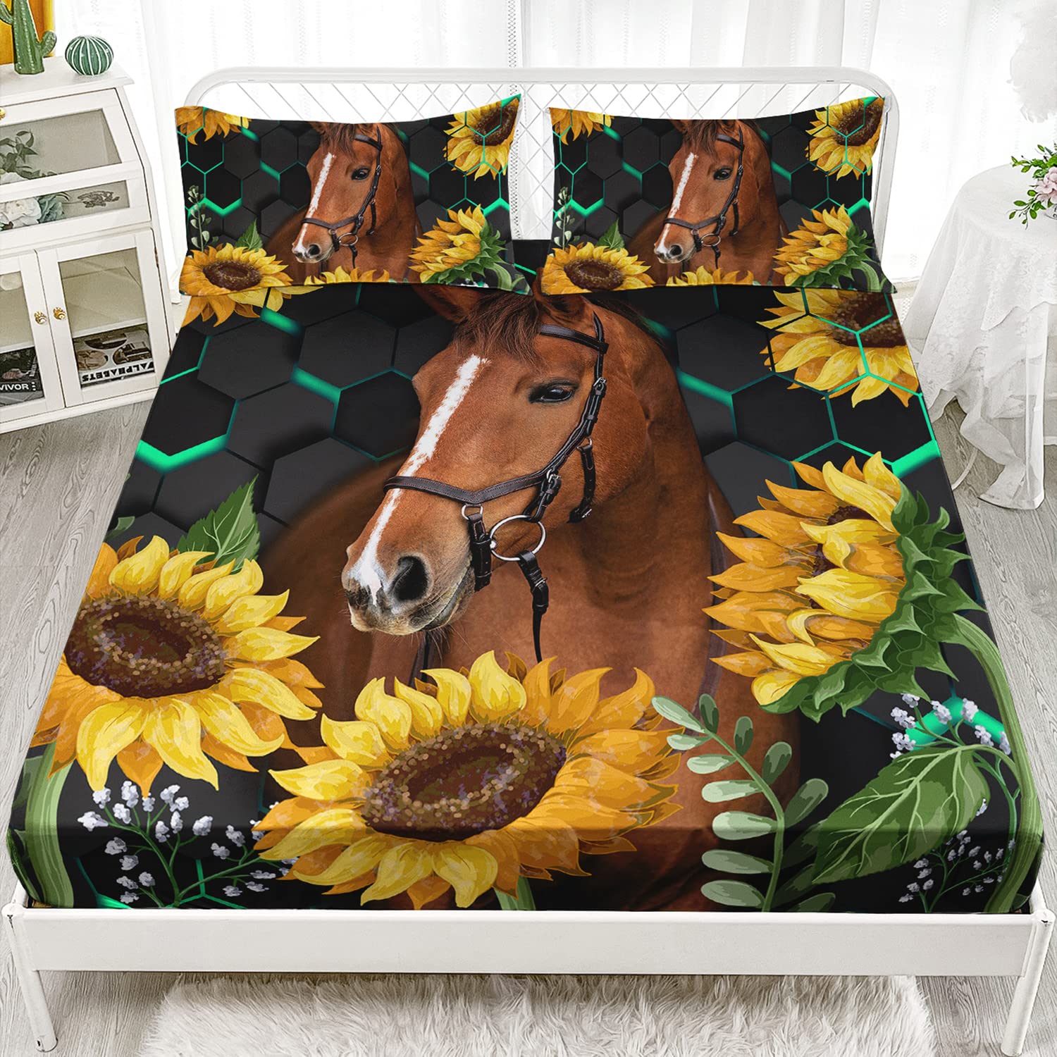 HOSIMA Horse Fitted Sheet,Sunflower and Horse Bedding,Green Leaves Flowers Animal Pattern,Soft Decorative Fabric Bedding All-Round Elastic Pocket,Full Size Fitted Sheet for Boys and Girls.