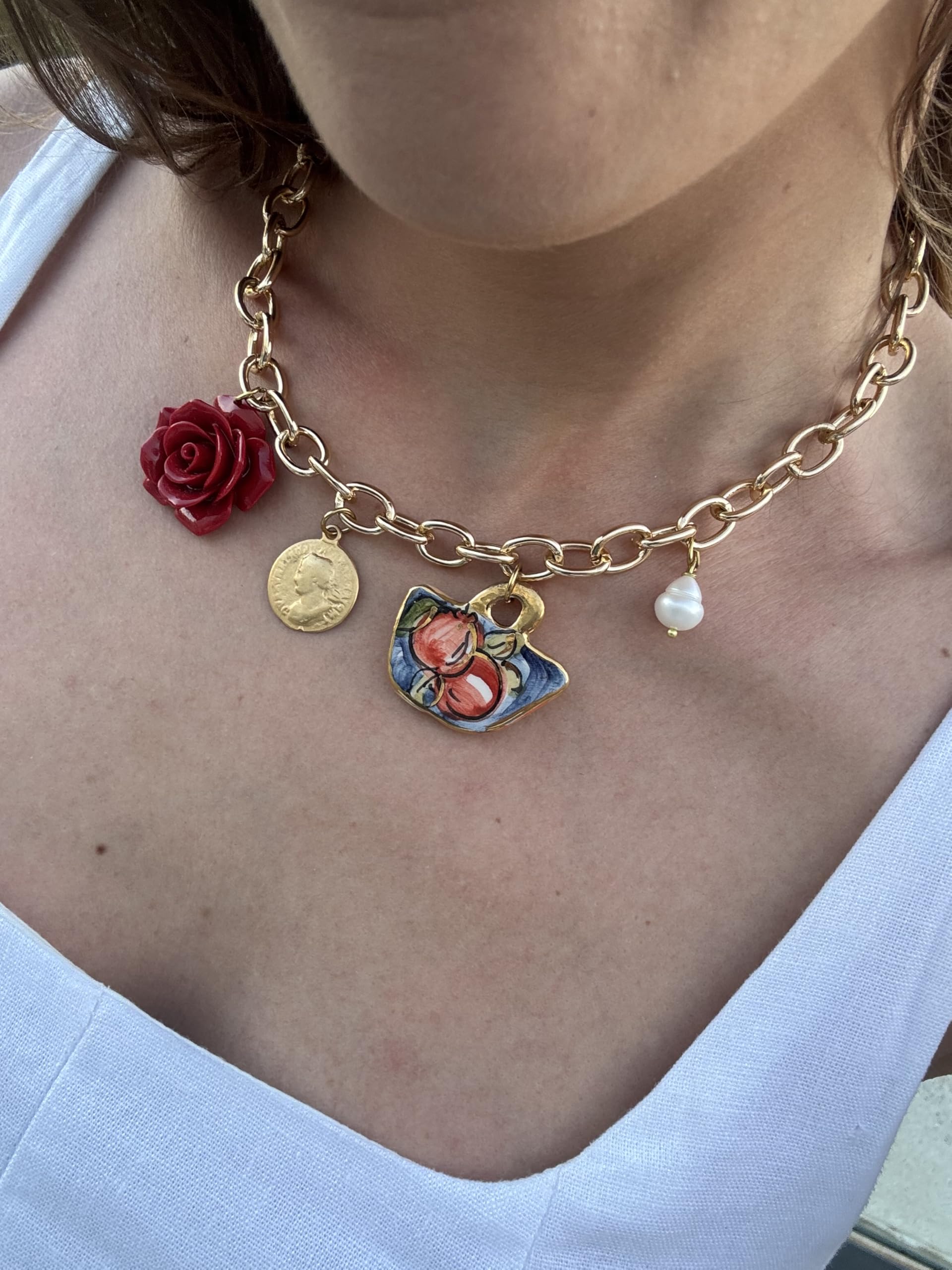 Collar Mujer Italiano Colgante Corto con Charms - Cadena Dorada Handmade Joyería Italiana Originales Elegantes para Diario Bodas Eventos Ocasiones Especiales