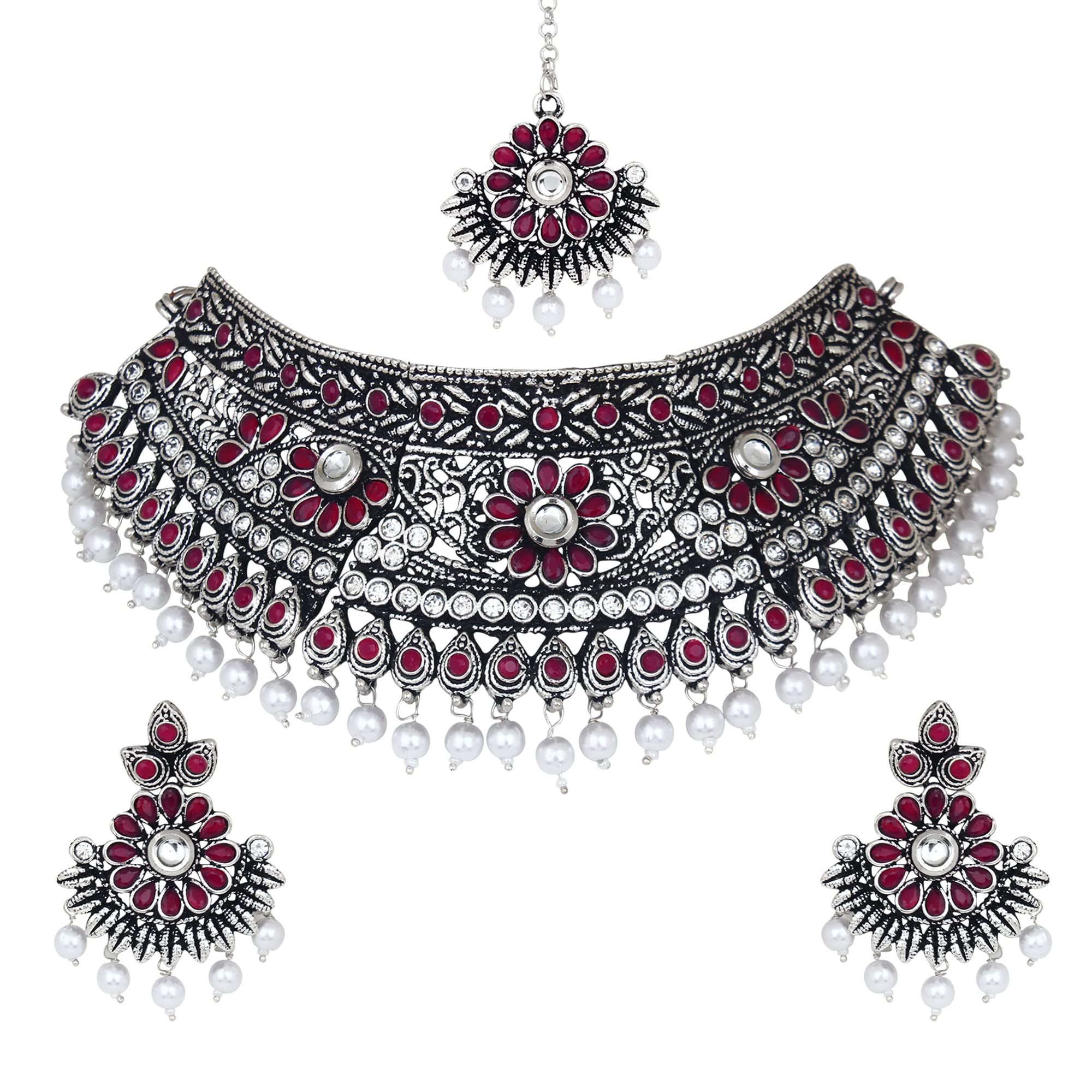 Atasi International Glamorous Oxidised Black Silver Collection Choker with Earrings & Maang Tikka - Ruby Red (Maroon) Kundan/Necklace Set/Traditional Jewellery (RMR3075) (B0B8XG47WL) Amazon Price History, Amazon Price Tracker