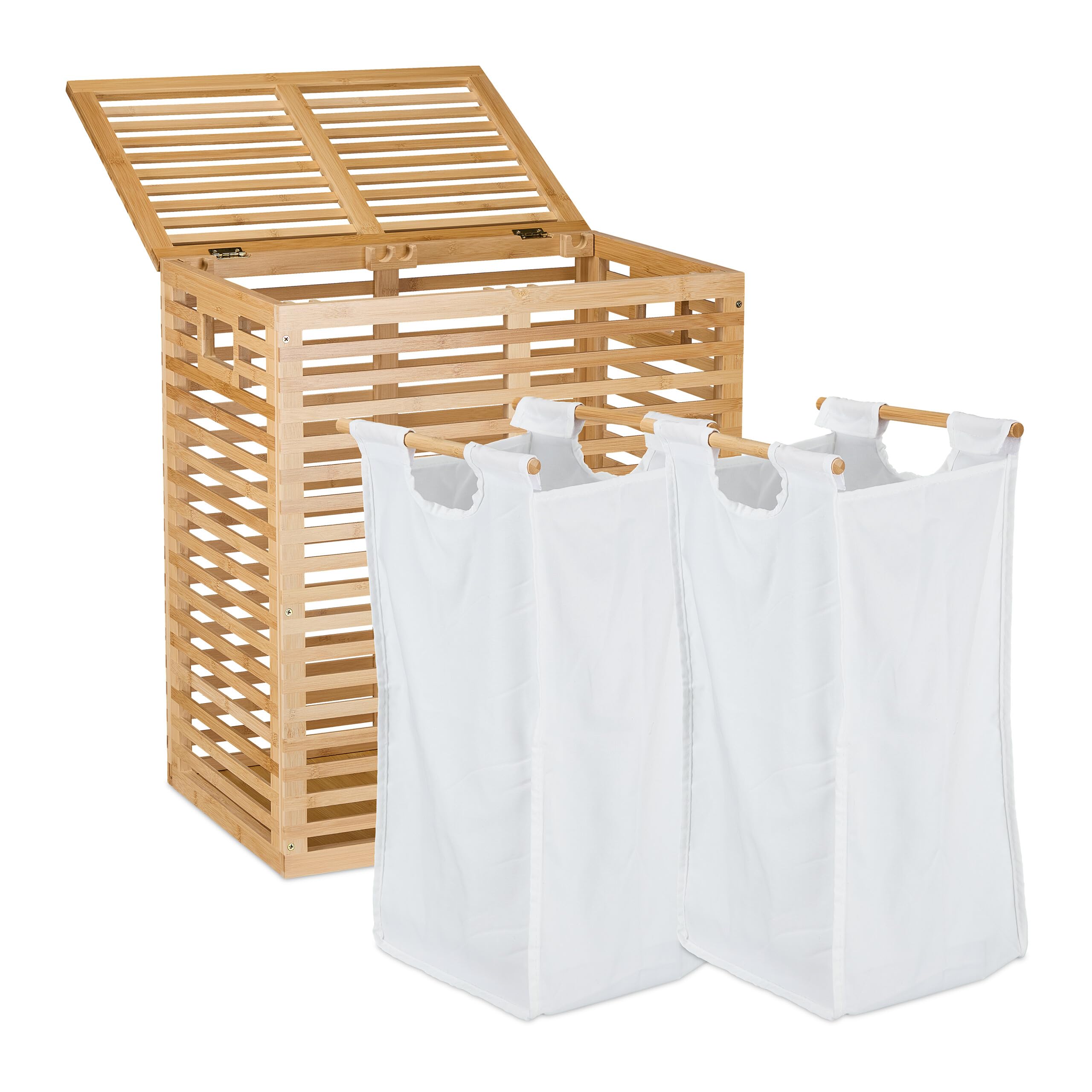 Relaxdays Wäschekorb mit Deckel, 2 herausnehmbare Säcke, je 44 l, HBT: 61x53x35 cm, Wäschesammler Bambus, Natur/beige