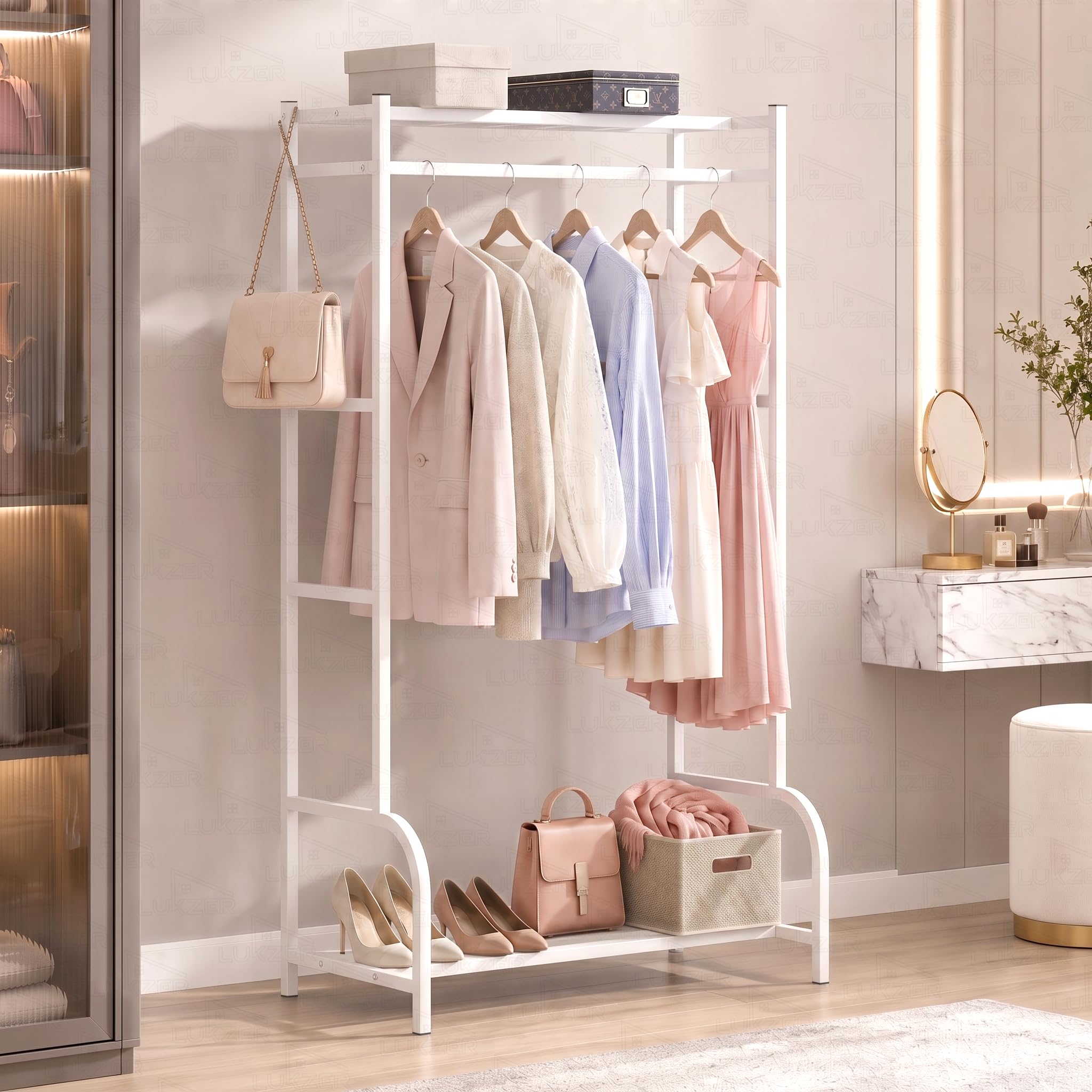 Lukzer Metal Cloth Stand with Bottom Shelf | Freestanding Garment Stand for Hanging Clothes, Towels & Shoes | DIY Storage Organizer Rack for Bedroom, Laundry, Balcony & Entryway (White/80x150x43 cm)